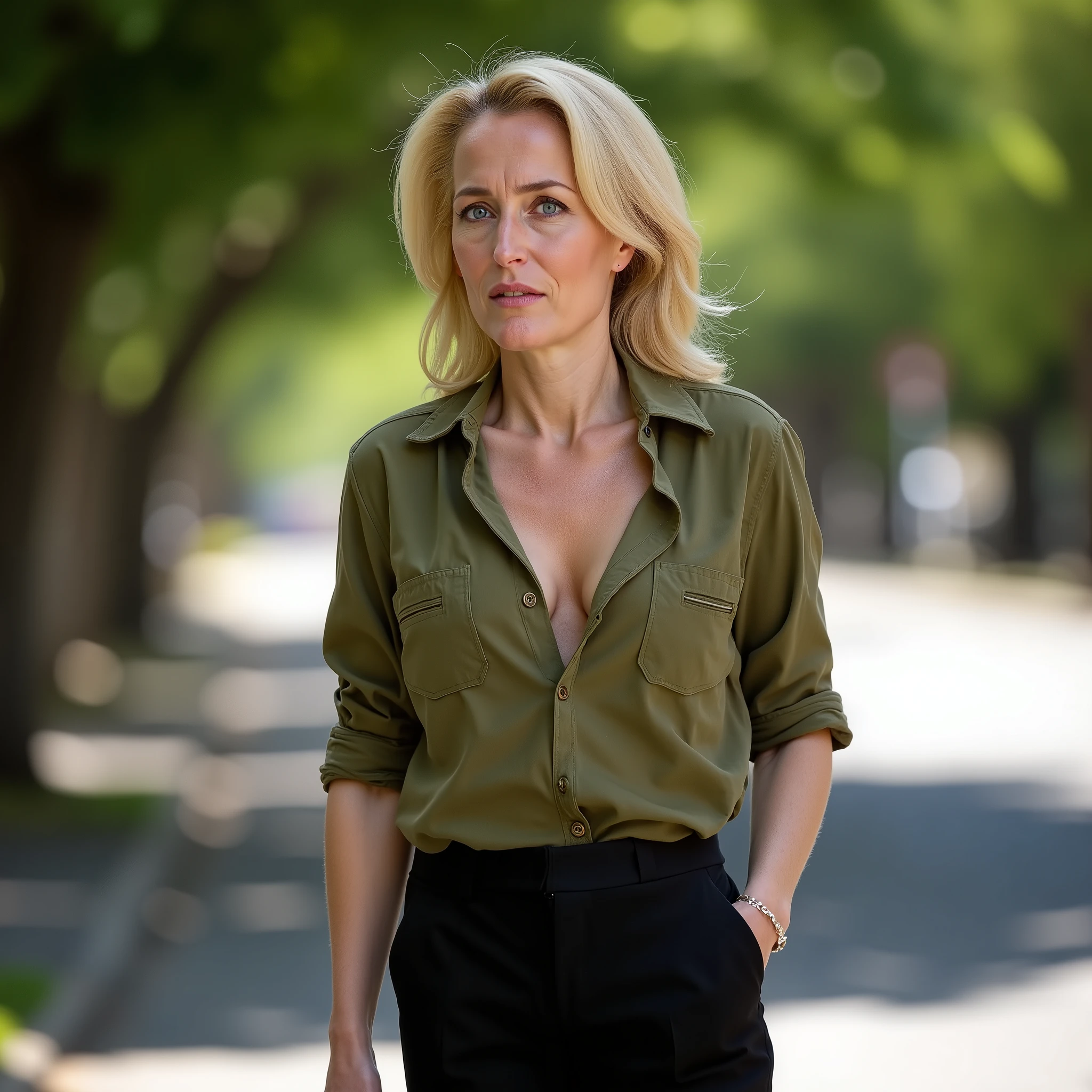 A professional photo of Gillian Anderson. She wears an unbuttoned olive colored shirt and black trousers. She is standing in the shadow of trees on a street with trees. It’s warm summer day. Gillian Anderson, (aquiline nose), saggy bosoms, small bosoms, 55 years old, beautifully aged, silky blonde hair, no bra, unbuttoned shirt, professional photo, professional lighting, high quality