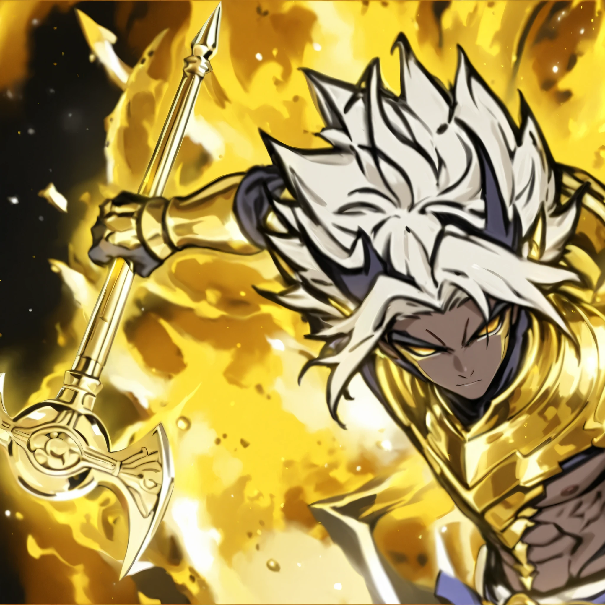 chef-d'œuvre, meilleure qualité, qualité étonnante, taned skin, gold armor, gold claws, millenium rod, male character,