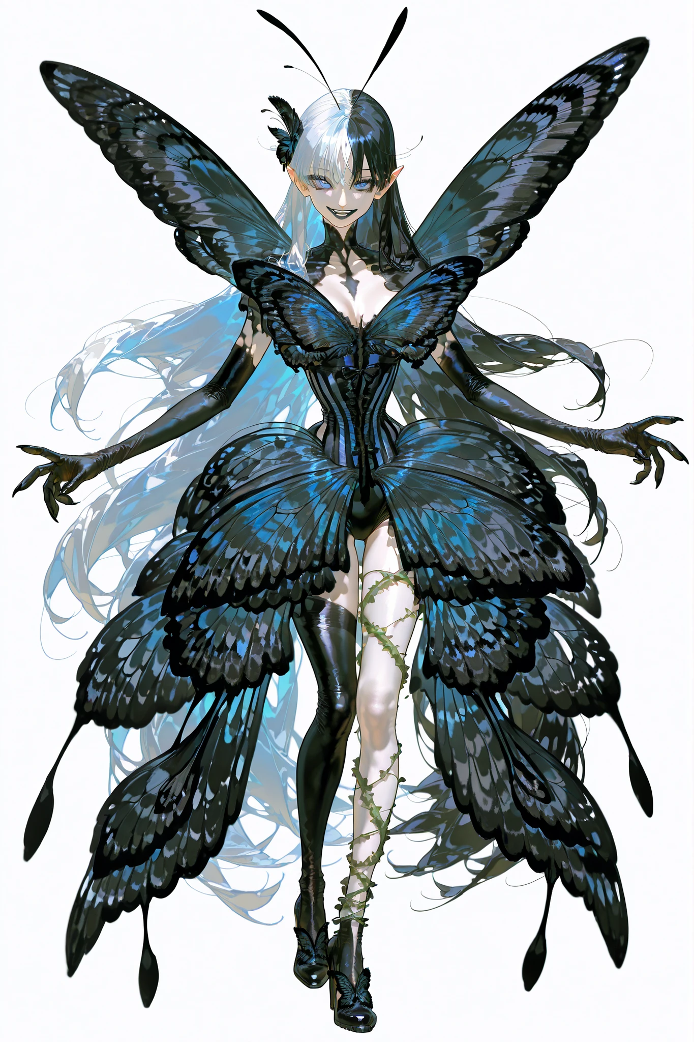(SPLIT-COLOR HAIR,MIX OF BLACK AND WHITE HAIR,) Dark faèrie-girl. She has an asthenic skinny flat-chested physique, she has long elegant swan neck,clawed six-fingered limbs,long pointy ears. She has huge sharp pitch black butterfly wings. She has elegant curving antennas. She has white skin and a long straight nose. She has black lipstick and sharp needle-like teeth.
She has straight longest striped hair with NO BANGS. She has royal blue eyes with Nazar symbol.  She wearing in jet-black closed skin-tight catsuit with nature embroidery and engraving of vines. Over it, she wears a Black butterfly leotard dress, with a narrow waist corset. (On background: twilight forest where purple-black trees are covered with bioluminescent moss , multicolored Lilly flowers and mushrooms. Black butterflies and moths are flying everywhere.)