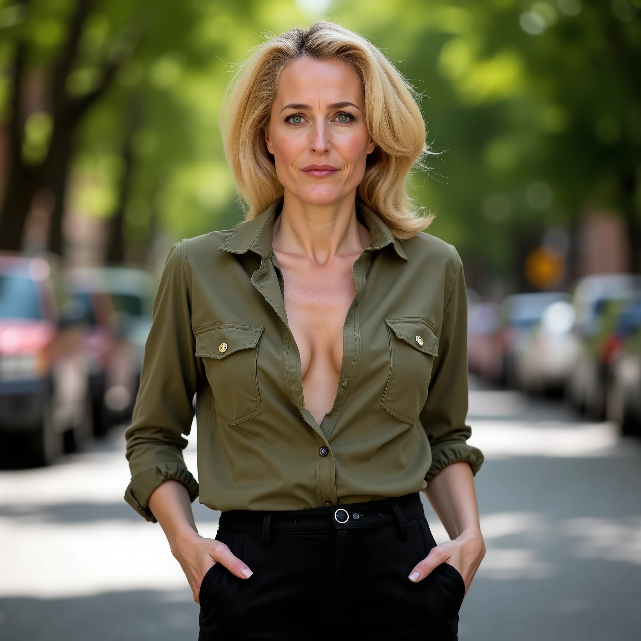 A professional photo of Gillian Anderson. She wears an unbuttoned olive colored shirt and black trousers. She is standing in the shadow of trees on a street with trees. It’s warm summer day. Gillian Anderson, (aquiline nose), saggy bosoms, small bosoms, 55 years old, beautifully aged, silky blonde hair, no bra, unbuttoned shirt, professional photo, professional lighting, high quality