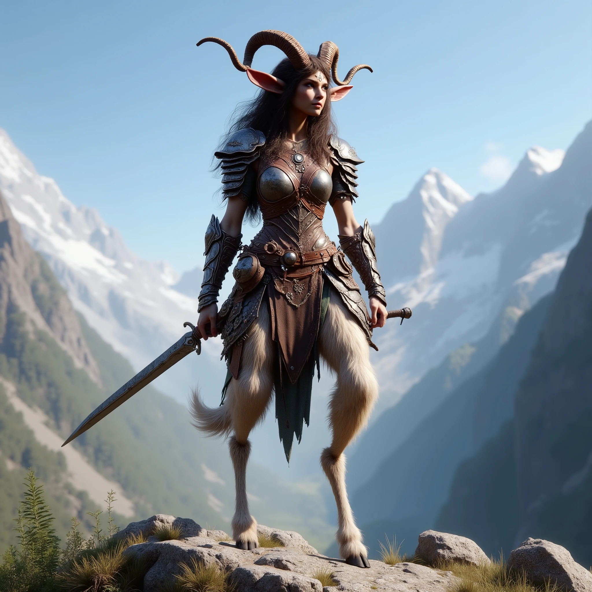 Create a 4k, photorealistic RPG player character. She is an female faun fighter. She has an attractive detailed face, long brown hair and wearing leather armor. She carries a longsword in one hand and a small dagger in the other. She has thin white fur goat legs with reversed knees and she has goat hooves at the end of her legs. She stands on a mountainside
