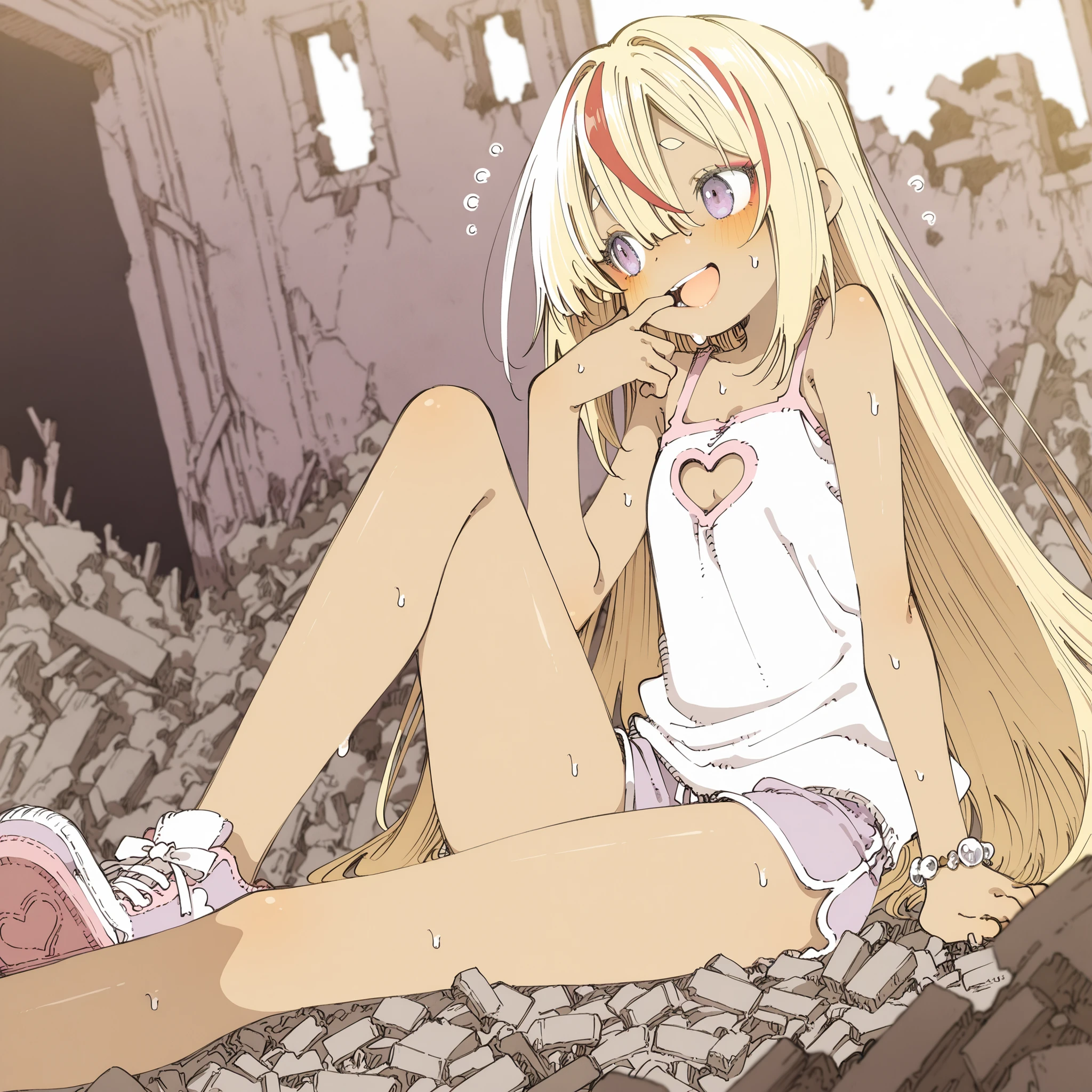 ((Abara Heiki style)), ((Masterpiece)), ((best quality, amazing quality)), (cinematic lighting), ((very aesthetic, absurdres, newest)), ((detailed background, negative space, blurry background, depth of field, Asymmetrical background)), (dynamic angle, from side), ((1girl)), Cute young Girl, (Healthy Gaunt body, Textured skin, small , tilt head), ((brown-skin)), Glossy straight hair, (hair between eyes, long bangs, long side bangs), blonde hair with red, ((red streaked hair)), highlights hair, long hair, big eyes, (pale purple eyes, gradient eyes, averting eyes, looking at side), blush, ((smile, :d)), Thin and short eyebrows, cute cheeks, glossy lips, pouty lips, put on rouge, BREAK, (Cute ruffled tanktop, heart cutout, cleavage cutout), dolphin shorts, ( arms), Fine gemstone bracelet, ((finger in own mouth)), cute makeup, (indoor, sitting in the Mossy abandoned ruins, pile of rubble), outstretched leg, shoe sole, ((anime-style with comical sweat drops)), broken windowpane, wind blow,