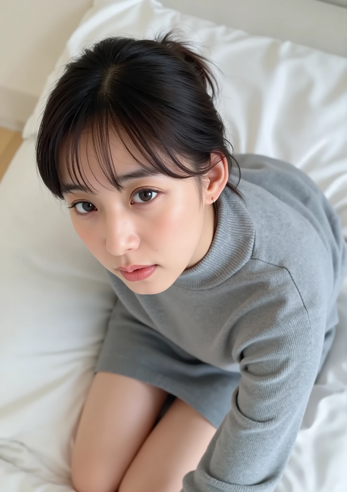 最High Quality Wavy Linesの女の子、selfie、 at night when drunk、 Split Sheet、  Room、 from above、 turtleneck sweater and skirt、 thin body、 sit on bed, cover , A woman with a small bust、high school students、dark haired、ponytail from Yubi's point of view、Japanese、Clear wearing a gray baggy t-shirt、bangs、high resolution、No censorship、HDR、超high resolution、Photorealistic、Focus on details、Delicate skin、High Quality Wavy Lines