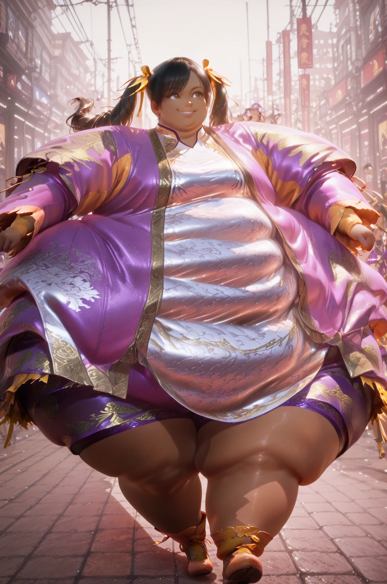 1girl, solo, masterpiece, best quality, Ling Xiaoyu, long hair, black hair, twin tails, brown eyes,dark skin, Asian, shirt, long sleeves, hair ornament, ribbon, hair ribbon, open clothes, shorts, open jacket, purple jacket, purple shorts, Chinese clothes, short dress, bike shorts, China dress, yellow ribbon, hyper fat, hyper obese, full body, smile, streets, walking, action pose, dynamic angle