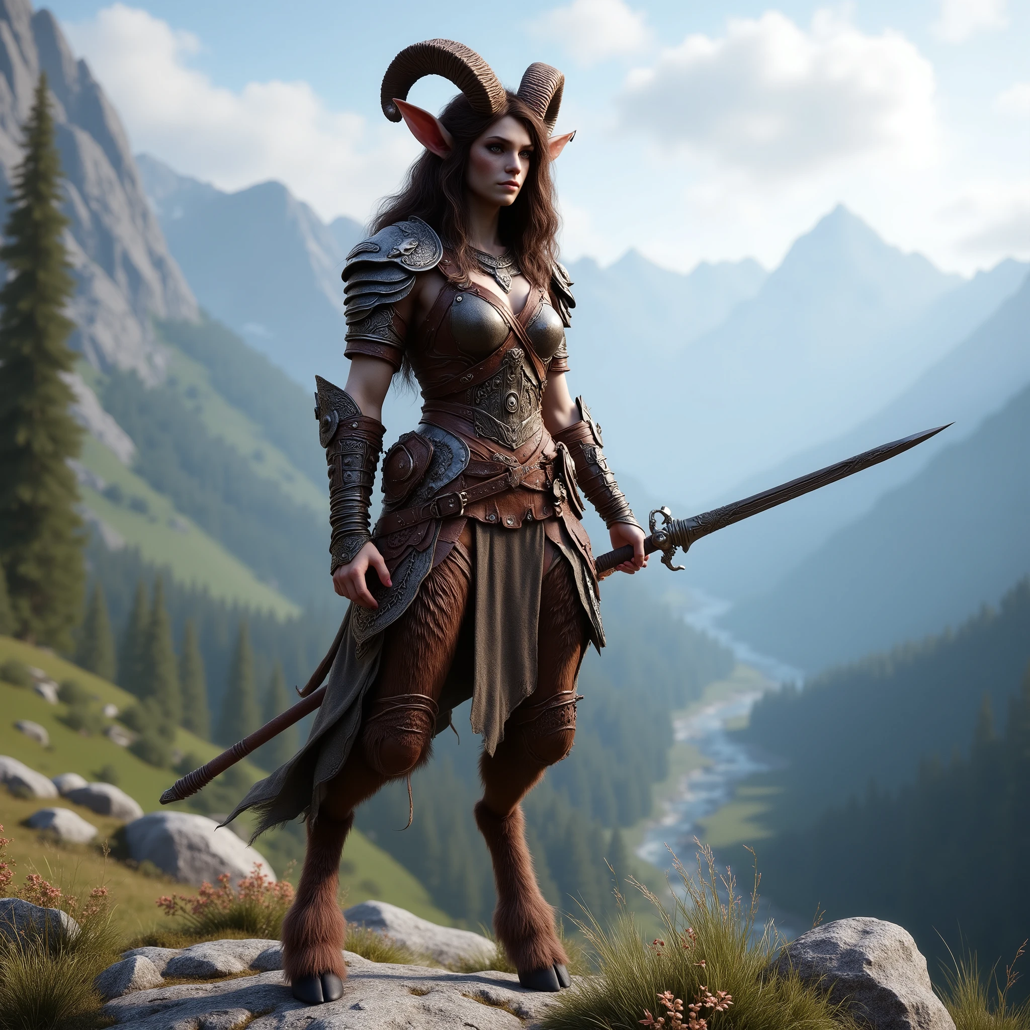 Create a 4k, photorealistic RPG player character. She is an female faun fighter. She has an attractive detailed human face, long brown hair and wearing leather armor. She carries a longsword. She stands on a mountainside