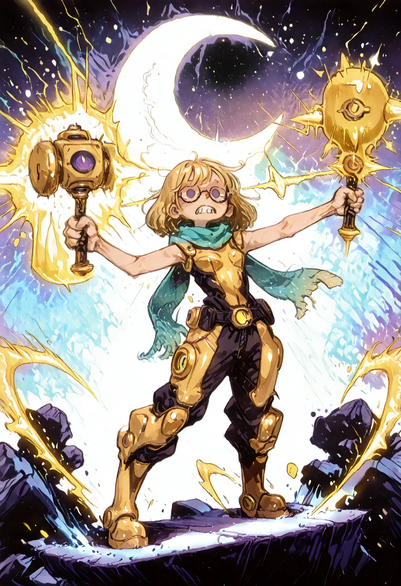 1 Girl, solo, Blonde, Loose Side Blades, No bangs, (I can see my forehead:0.7), Deep Purple Eyes, (Firm Oval Eyes), Glasses, small breasts, Sleeveless Yellow Battle Suit, look good with a teal scarf and dark cloak, buttocks under pants, knee boots, Holding a giant glowing hammer with both hands, Mid Swing Pose, Hair and Clothes Fluttering with Impact, Expression of Determination, clenched her teeth, Rimlight, Drifting Particles, Energy Shockwave, Dynamic Angle, motion blur, SPEEDLINE, Abstract Energy Background, Gold and Purple Streaks of Light, Shining Trail, (Giant Crescent Moon), Pure Kinetic Energy, high resolution, ultra sharp, Skillful Shading, masterpiece, Highest Quality