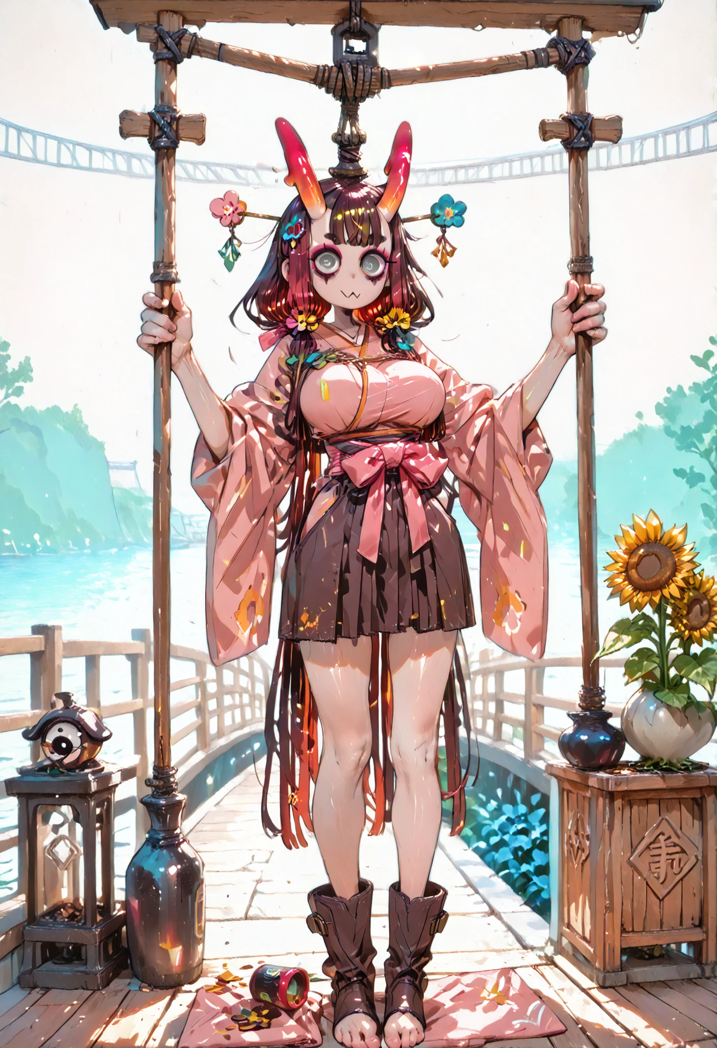 (very aesthetic),(warped dragonfish woman),beautiful and cute Japanese face,(very sophisticated),(Tight,thick Calves ),(Long slender face ),(Well-groomed two-eyed :1.3),(light, adults get carried away with conversation:1.2),BREAK (Tall length:1.1),(166cm:1.1),28 years old,shiny skin,clean skin,beautiful skin,(sunflower colored hair,Crimson Hair,black brown hair,Patterned Wide Hair),super long hair,(Cut Wrapped Inside),BREAK (BREAK the lower body of a female student wearing a Meiji era hakama:1.2),(black,tea,Pink Kimono Ribbon Ornament),hakama accessories,(trendy hairpins),Thigh High Socks,(simple hakama boots),BREAK (Thematic depth:1.2),(Luscious big Heavy Breasts:1.3),(Tight Lower Chest),Soft body that grabs her chest,(sensual lower body),(charming thighs),(big, thick, Nice Face:0.8),BREAK Waist鼠径部,Waist,(Long Legs:0.9),( My toes are long ),( thick足首),(light pink makeup with a narrow space between the eyebrows),Tight,(Chest Valley),( grey eyes ),natural Ryugu Kai makeup,detail of pink and gray coral horns on the side of the head,Thin Tails, Gentle Sunlight,(Suspension bridge background from the Meiji period:1.25),BREAK (light, adults get carried away with conversation:0.8),(Yamatokuni Shrine Background:1.25),(flower blooming posture),(angle from behind:1.2), Cinematic lighting,light shining on the face,BREAK (God's miracle masterpiece:1.2,BREAK 最High Quality,High Quality:1.2,perfect anatomy, unity 8k )