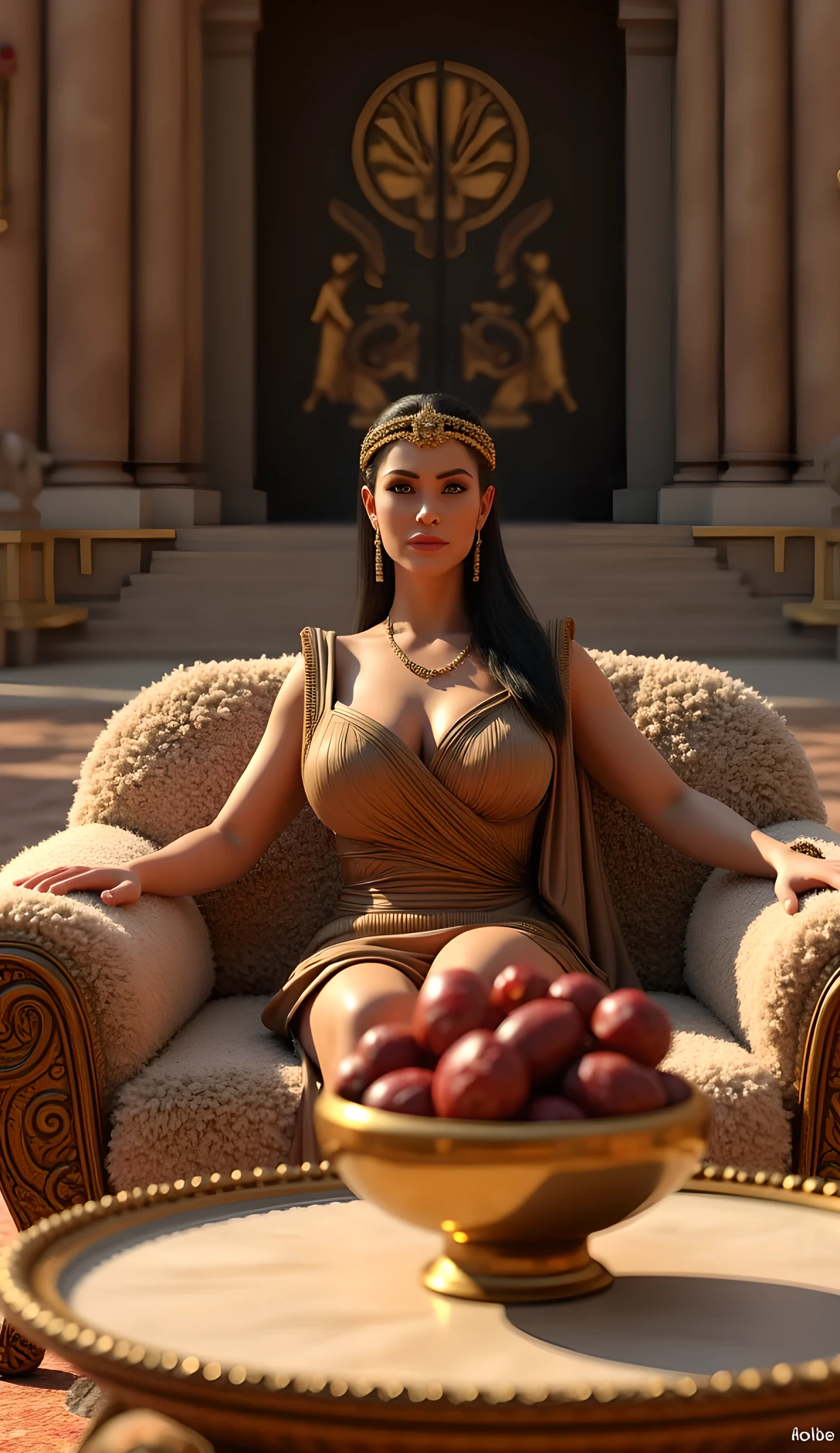 Depict a hyperrealistic, cinematic scene set in the ancient Assyrian era during the bronze age inside a grand Assyrian palace at breakfast time.Main subject:A happy Assyrian female queen is sitting leisurely on a wooly sofa, wearing an exotic silk royal robe and cloak. She has a curvy, busty figure, depicted with perfectly accurate human anatomy and lifelike natural motion.Props:In front of her is a wide ivory table with a large bronze bowl filled with date fruits, all clearly and distinctively depicted.Scene & Atmosphere:The palace environment is ultra-detailed, realistic, and lively, showcasing prosperity, classical ancient decor, and intricate textures throughout the scene.Composition & Style:Use realistic, photorealistic, and hyperrealism styles with full 3D depth, detailed CGI, and lifelike human depiction.Apply ultra-detailed, cinematic, and dynamic camera angles (potra angle, 50mm lens shot, best rule of thirds composition, dynamic image composition, best videography angle, accurate depth of field, HDR, golden hour lighting, best shutter speed, best aperture, RAW photo image quality).Octane 3D rendering, Unreal Engine 5 quality, trending on CGSociety and DeviantArt, inspired by Far Cry 5 game artwork, National Geographic style.Include sandalPunkAi and bronzePunkAi digital art influences with best lighting concepts.Constraints:Safe for work (SFW). No explicit, NSFW, or inappropriate content.