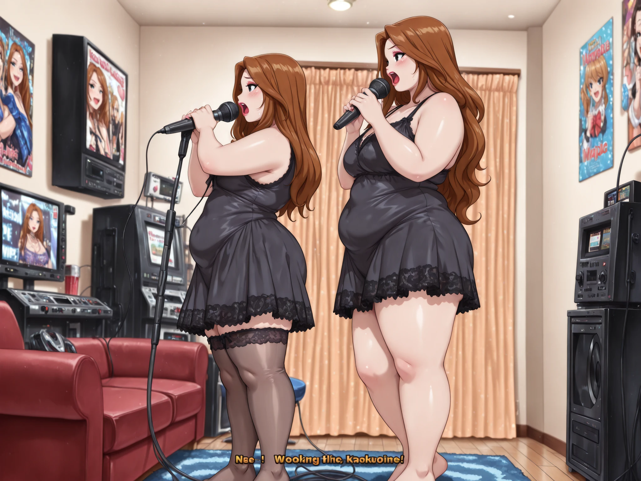Debra, small . Pale red lipstick, brown hair, black eyes, pale red makeup, long hair, thick , chubby, overweight, chubby, fat, mature woman..|   (((masterpiece))), (((best quality))), (((from side))), (((karaoke machine wired))), singing, holding a mic, subtitle on TV, manga bookcase, sofa, carpet, poster, curtain, wooden floor, shy, blush, open mouth,, ribbon, ((black lace dress)), petite figure proportion, ( feet), stockings, school dress