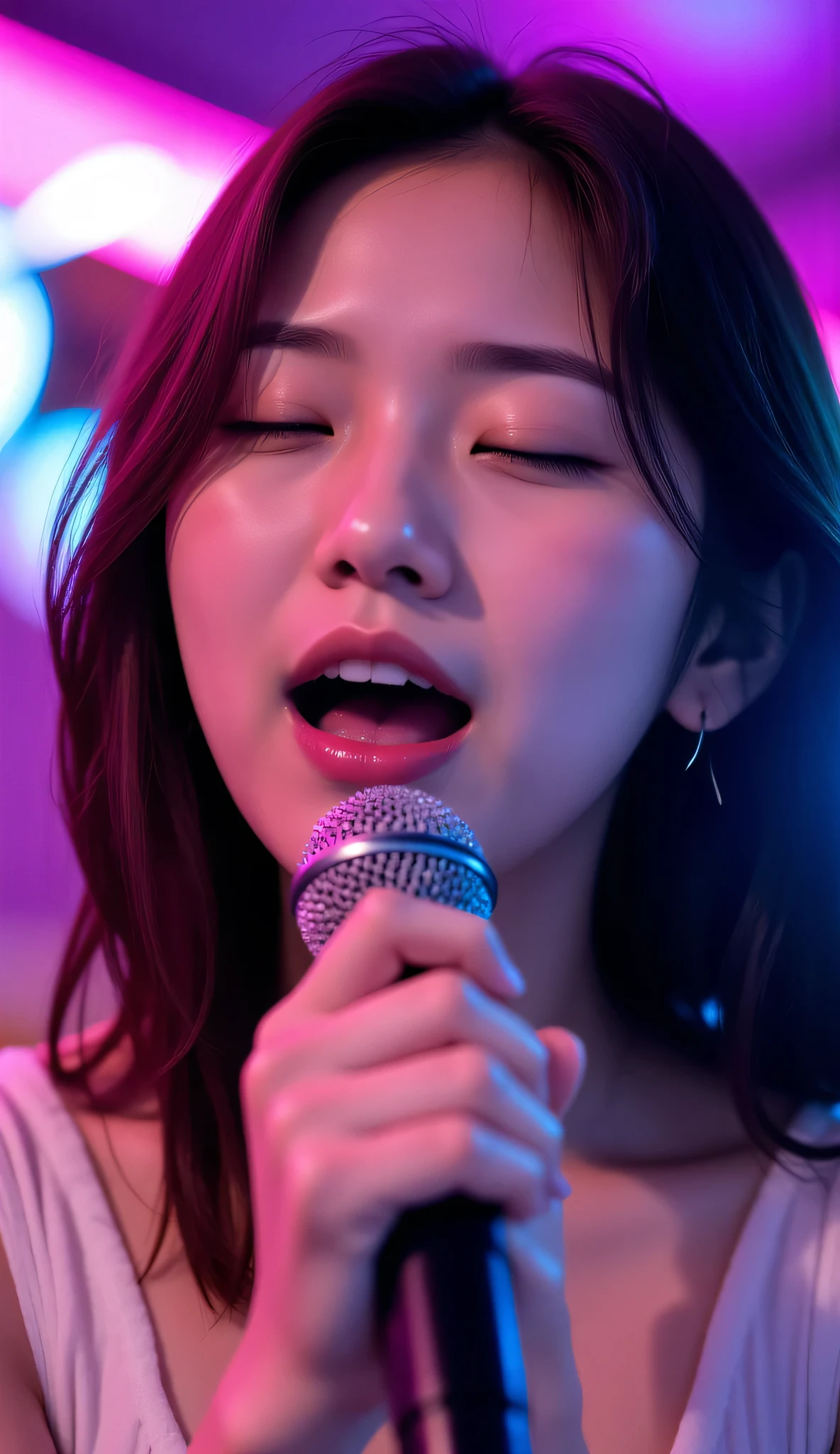 neat-girl, A dramatic photorealistic close-up portrait of a young Japanese woman in her 20s singing passionately in a karaoke room at night. Eyes closed in complete immersion, mouth wide open mid-song. Microphone held close to the face with right hand, five fingers naturally wrapped around the microphone handle in a standard singing grip, thumb and fingers clearly visible in proper position. Natural smooth skin texture with fine pores, subtle healthy glow from exertion, light perspiration on forehead appearing as fine mist rather than heavy sweat, maintaining feminine delicate skin quality. Hair slightly tousled from movement. Expression of pure emotion and release, completely lost in the music. Vibrant neon lights in pink, blue, and purple illuminating the face from different angles, creating soft colored highlights and gentle shadows on the skin. Diffused rim lighting creating a subtle glowing outline. Shallow depth of field focusing on the face and hand, background karaoke room interior blurred into bokeh of colorful lights. Shot with 85mm portrait lens at f/2.8 for optimal detail, soft dramatic lighting with diffused fill light to preserve skin texture, moderate contrast. Professional portrait photography with clear hand details and natural skin rendering, sharp focus on fingers holding microphone. Cinematic color grading with saturated neon tones but natural skin tones. Authentic moment of complete freedom and joy, beauty photography quality skin texture.