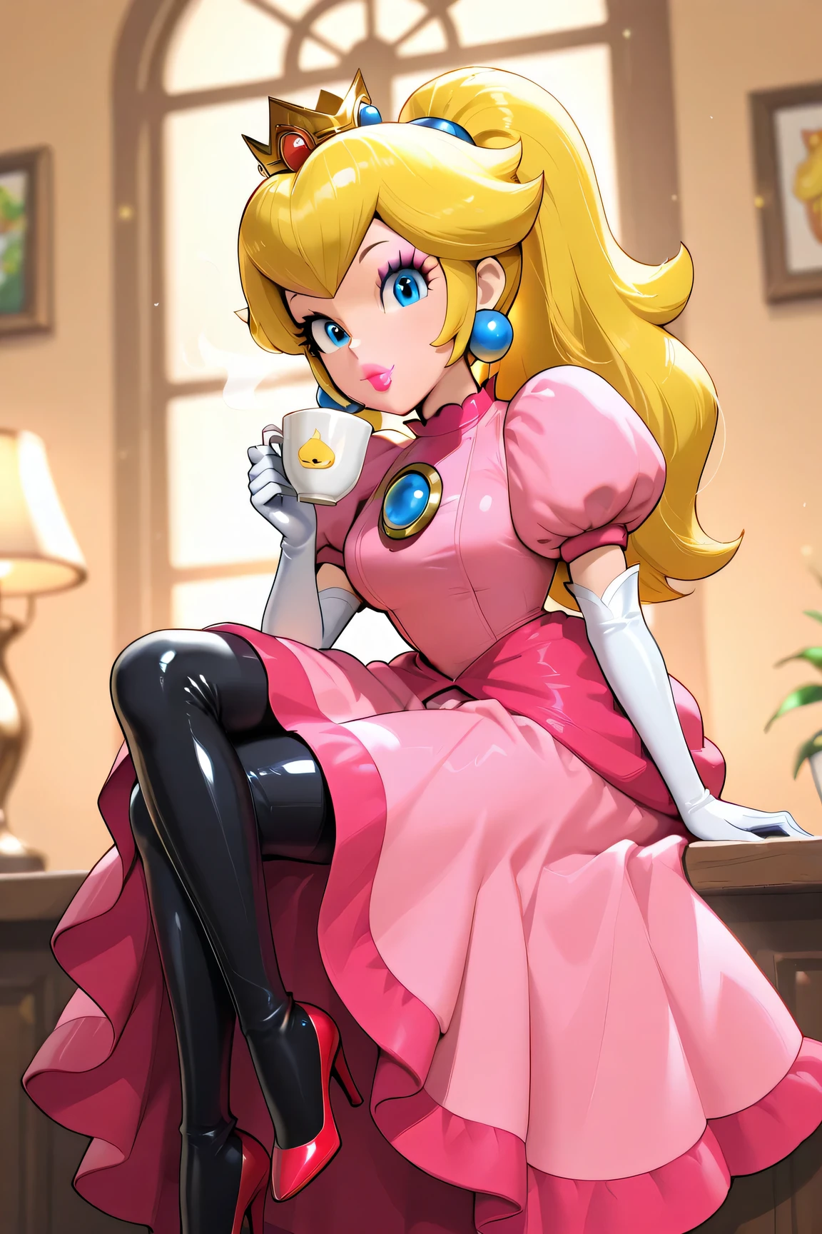 princesse pêche, 1girl, elbow gants, yeux bleus, cheveux longs, manches courtes, puffy manches courtes, maquillage, broche, sphere boucles d'oreilles, couronne, chaussures à talons hauts, queue de cheval, gemme, robe, boucles d'oreilles, manches bouffantes, Lèvres, Lèvrestick, bijoux, gants, mini couronne, , 4K,,Femme bimbo de style anime assise dans un endroit confortable, café doucement éclairé près de la fenêtre, tenant une tasse de café chaude avec de la vapeur qui s'élève doucement. Elle porte une combinaison en latex noir brillant qui épouse ses courbes exagérées en sablier et rehausse sa silhouette voluptueuse. Ses cheveux sont blond platine et coiffés en longues mèches ondulées, her maquillage is bold with thick lashes and glossy pink Lèvres. Le café est ambiant et élégant, avec des lumières dorées chaudes et un arrière-plan flou. Elle regarde le spectateur avec un air espiègle, expression confiante tout en sirotant son café. Réflexions de latex très détaillées, éclairage chaud, esthétique bimbo, fond doux, ambiance intime et élégante." chose image