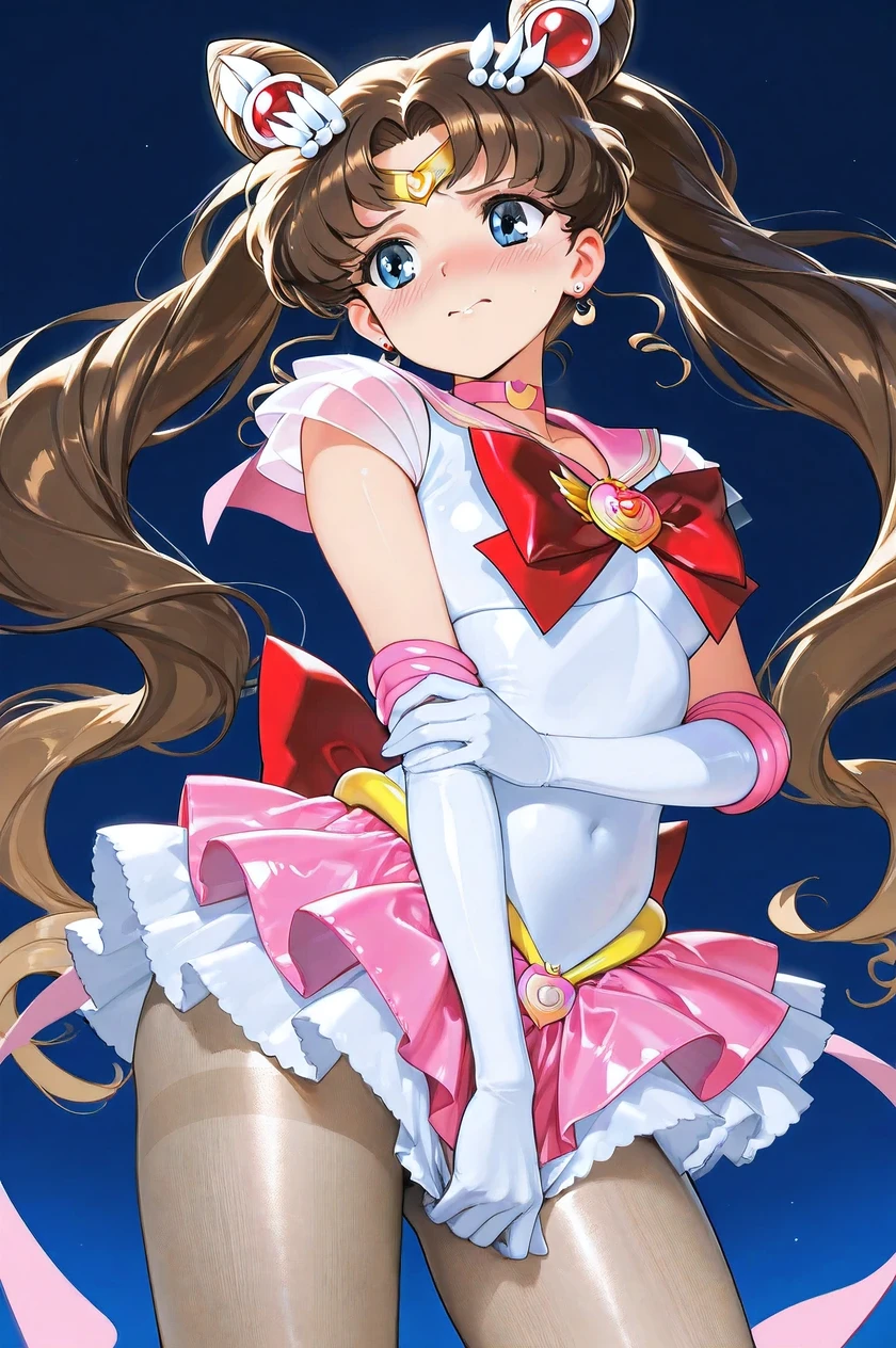 masterpiece, better quality, ass, 8K, illustration super fine, beautiful and highly detailed face and eyes, anatomie parfaite, professional lighting
1girl, Seul,dark brown hair, disheveled hair, wavy hair,((official alternative costume, costume de super sailor chibi moon en satin,shiny and refined suit made of fabric)), shiny and metallic pink skirt, shiny and metallic red ribbon,bright white gloves with lustrous elbows,collants brillants, Collants beiges,embarrassed,