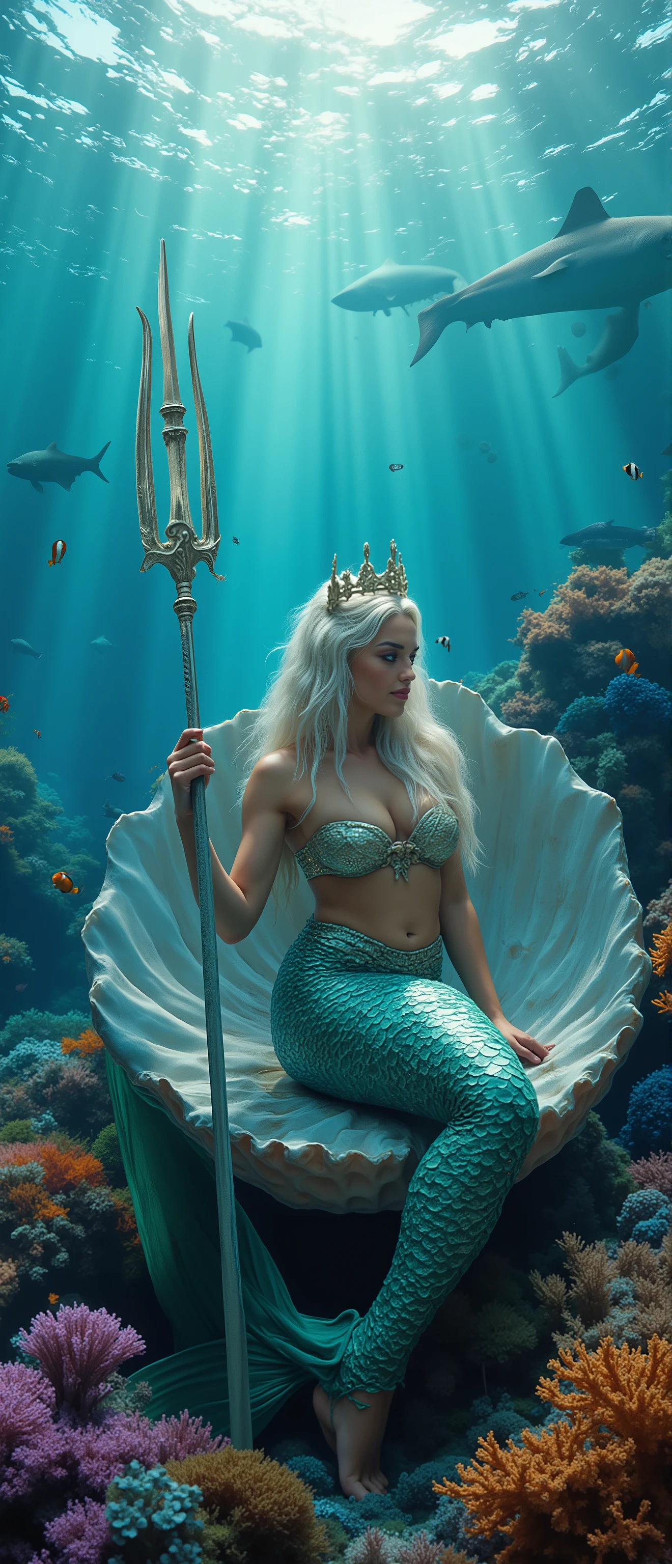 an ultra photo realistic full body image of a beautiful long white blond supermodel Mermaid with green silvery tail Laurel crown giant tail fin, holding a long trident, strapless bikini top, sitting in a giant seashell, multicolor coral reefs, clownfishes, groupers, sharks circling above, clear blue water, ray of light, side view, hdr, realism, volumetric lighting, dynamic lighting, cinematic lighting, Sharp focus, ultra-realistic textures, masterpiece, sharp focus, vibrant colors, cinematic energy, perfect hand, perfect fingers, perfect feet, perfect toes, five fingers, five toes, big firm breasts, cleavage, sideboob, underboob, big round ass, narrow waist, slim waist, hourglass figure, light makeup, red glossy lips, rosy cheeks, crystal blue eyes, big eyes, deep dimples, small sharp nose,