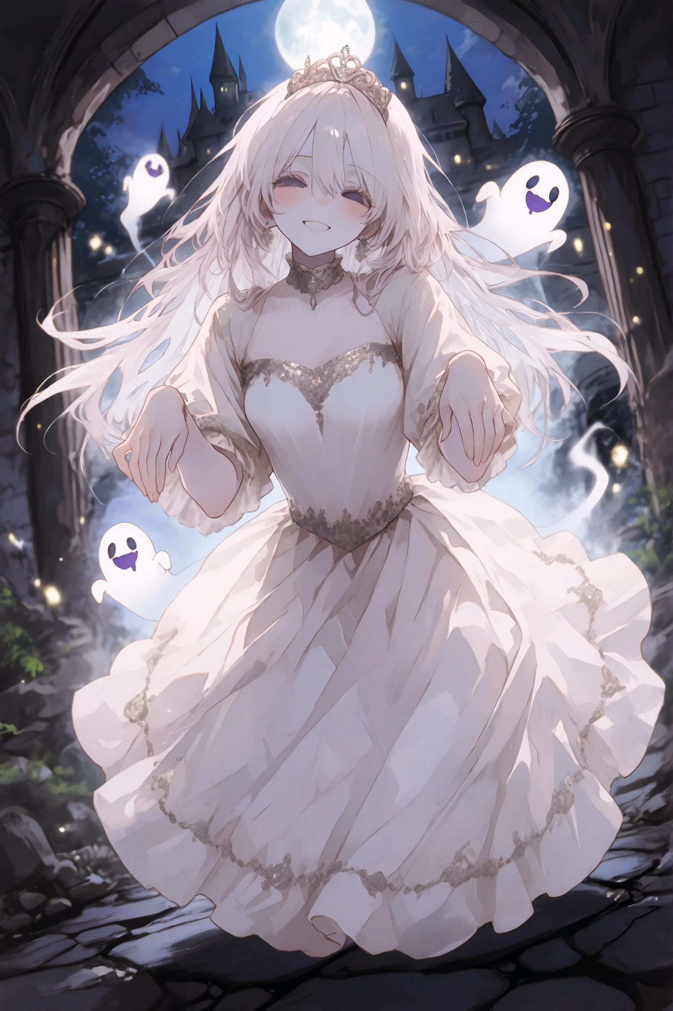 masterpiece,最High Quality,Super Detailed,high resolution,Slender,High Quality、score_9、score_8_up、score_7_up、masterpiece、High Quality、Super Detailed、high resolution、High Quality、最High Quality、dynamic angle、Dynamic Poses、dynamic angle、upper body、masterpiece、((full body))、((Ghost Girl Dancing in the Old Castle Dancehall))、womanhood(((Ghost Girl))、Hidden Face、round eyes、gloomy face、cute faces getting creampied、Pure White Gorgeous Princess Dress、gorgeous tiara、 、Ghost、very long white hair、pathologically white skin、Ghost pose、Smile Yang)、Shabby Castle Dancehall、Ruins、Moonlit Night、Pale Fire Ball