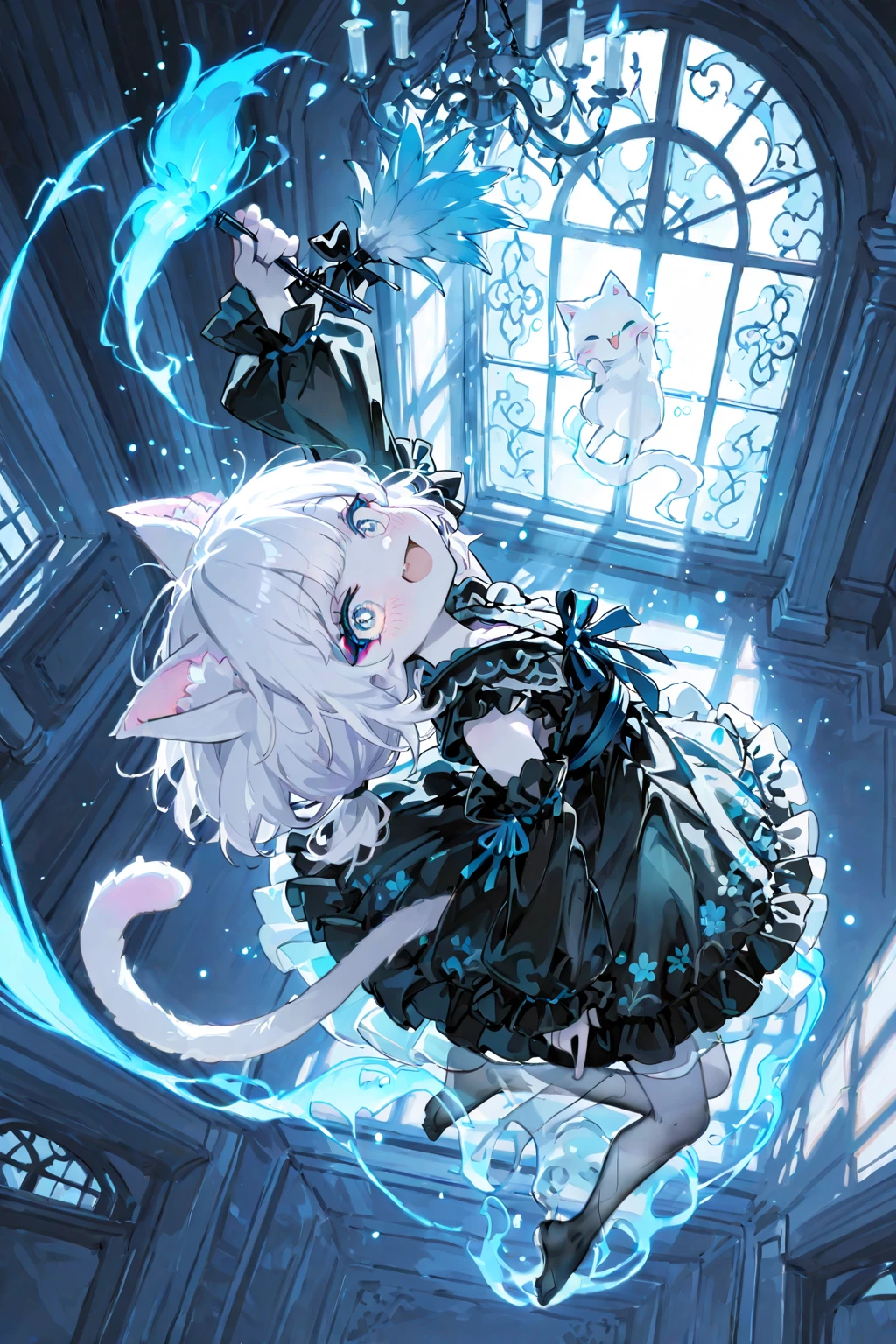 (((1 girl))), ((solo girl)), ((full body)), (alien monster girl), (((tall stature))), ((long limbs)), ((alien body)), ((pale blue skin)), (anime star eyes), ((cat ears)), (big hair), (((starry bob-cut hair))), (((curious expression))), (((curious eyes))), (cute anime eyes), (( body)), ((standing on tippy toes)), feline feet