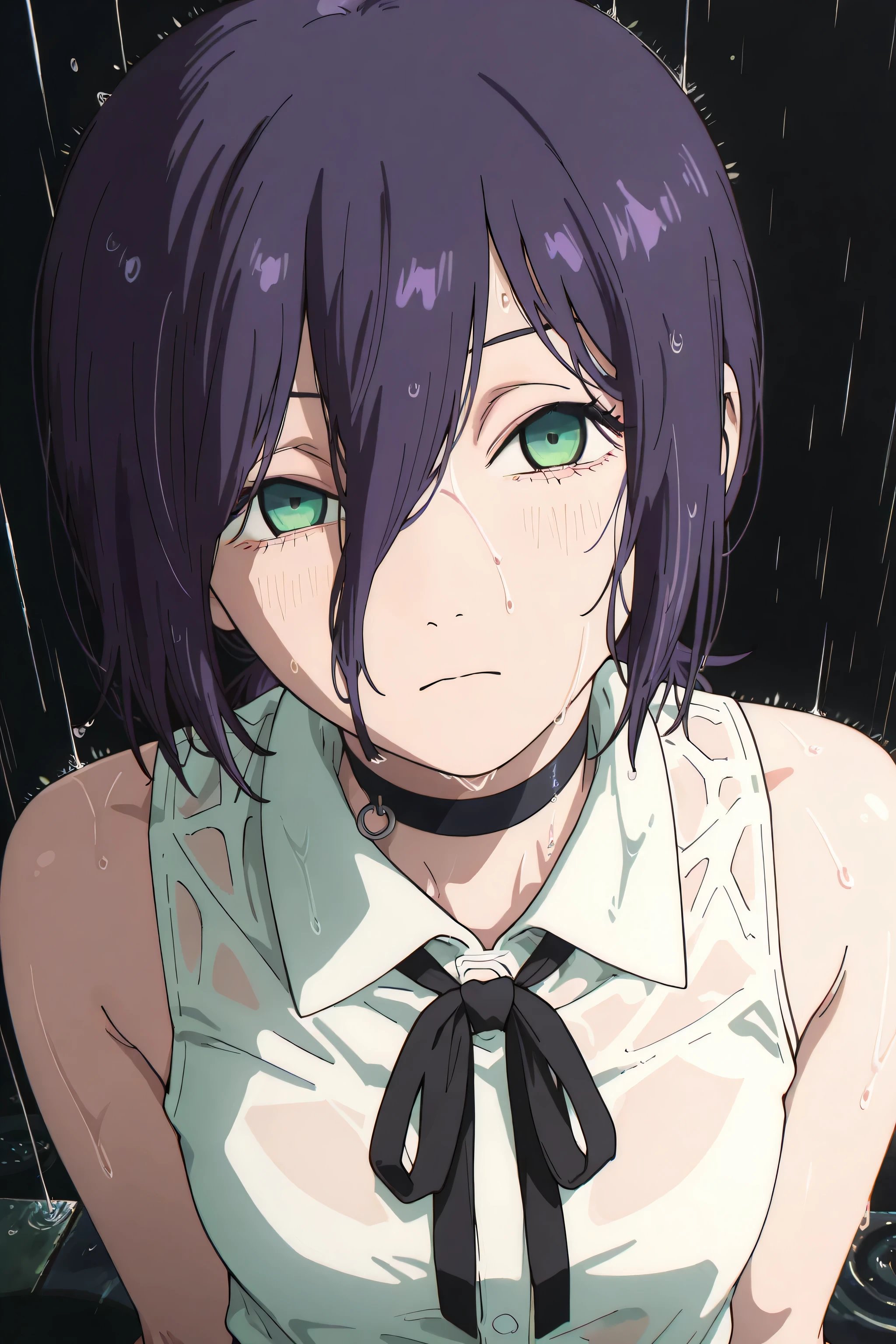 (masterpiece, detailed:1.2),best quality, newest, very awa, masterpiece, best quality, absolutely absurdres,proportional body, proportional1:1.2, beautiful hair, beautiful face, newest, anime screencap, ultra detail, reze, black choker, purple hair, choker, eyebrows hidden by hair, green eyes, long bangs, medium hair, reze from chainsaw man,  shoulders, black ribbon, collar, collared shirt, neck ribbon, ribbon, shirt, sleeveless, sleeveless shirt, white shirt, pull pin decorate on choker, decoration on side of choker, bang cover one eye, facing viewer, rainy, no emotion expression, simple background  , black background, cowboy shot,, face close up, upper body, front, serious, wet hair