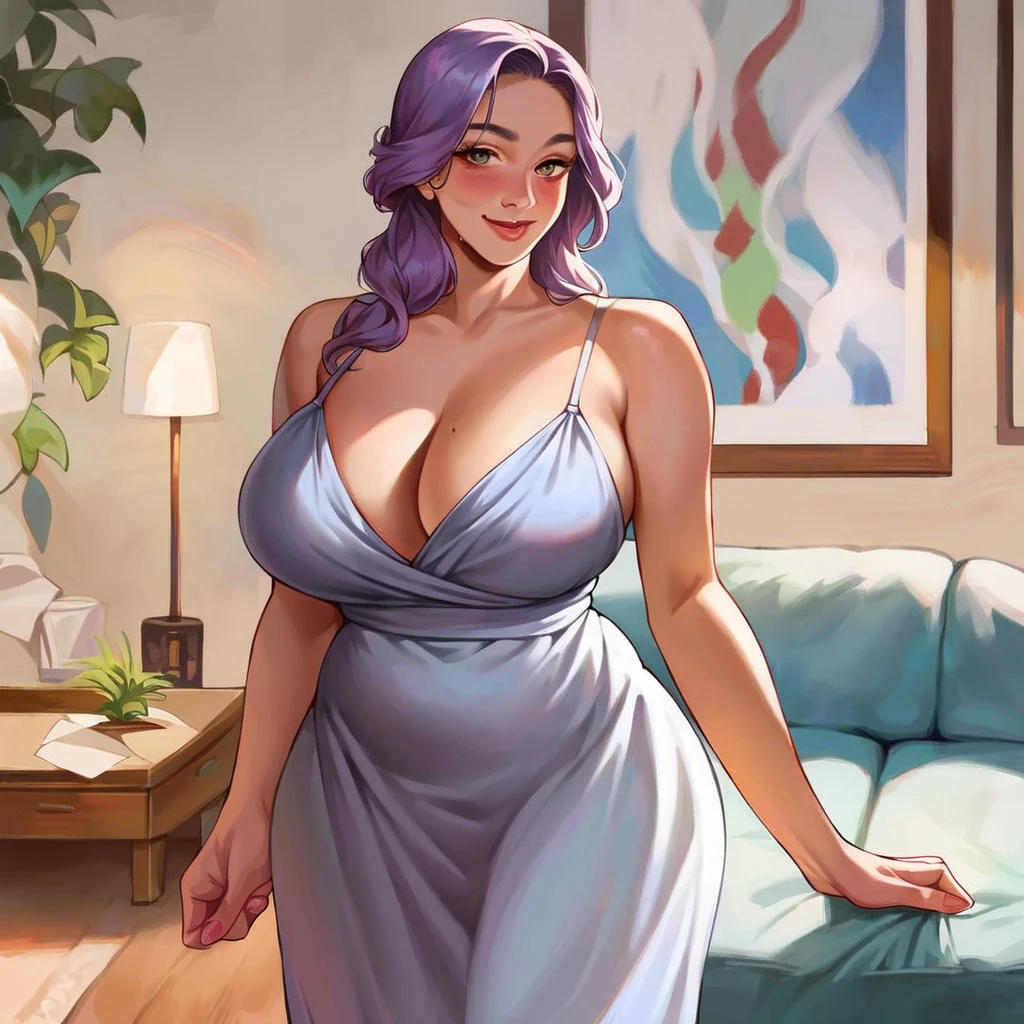 A beautiful daring western-looking woman, ultra realistic, huge and pointy ???????, thin waist, big wet purple hair, slender, a beauty, violet colored eyes, she comes out of the shower wearing only a thin and wet white bathrobe, bathrobe open, white lace panties, seducing the spectator who observes her, bathroom door, shower, glass door, provocative look and face, bold and naughty pose, (realistic and detailed photo, best quality, a masterpiece, 8K, colors vibrant, hyper detailed) realistic style