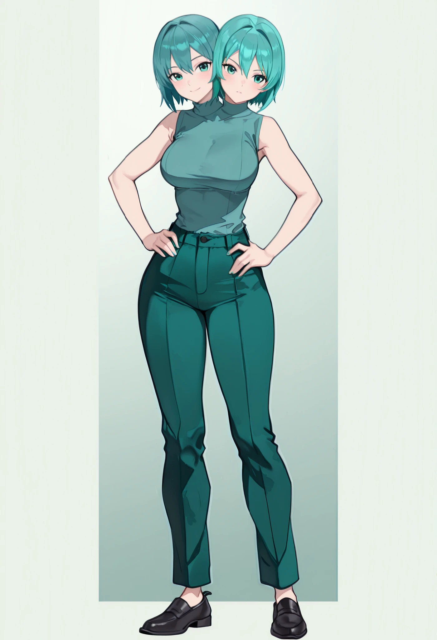 (masterpiece) , (ultra-detailed) , (high quality) , (high resolution) , (best quality:1 . 5 , highres , UHD) , highres , absurdo , ultra detail , ultra quality , Ultra resolution , 16k , ((2heads:1 . 5)) , 1girl , ((anime girl with two heads)) , ((teal turtleneck shirt)) ((green work pants:1 . 5)) (aqua hair), (darker turquoise hair), full body ((causal outfit)), ((sleeveless shirt)) ((teal shirt)), work shoes:1 . 5 ((turtle necks))