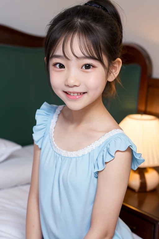 raw photo, 8k, (top-quality), Realistic, (real picture, Intricate details), (natural skin texture, detailed skin, hyper realism, sharpness), 1girl, (Japanese teenage girl sitting on small bed in a old inn at night, hands between leg), ((white night dress, sleeveless)), (((flat chast:1.5))), (slender body, pale skin:1.2), ((straight hair, bangs)), (baby face, provocative look, Parted lips:1.3), shy smile, thighs, night time, blue hard lighting:1.3