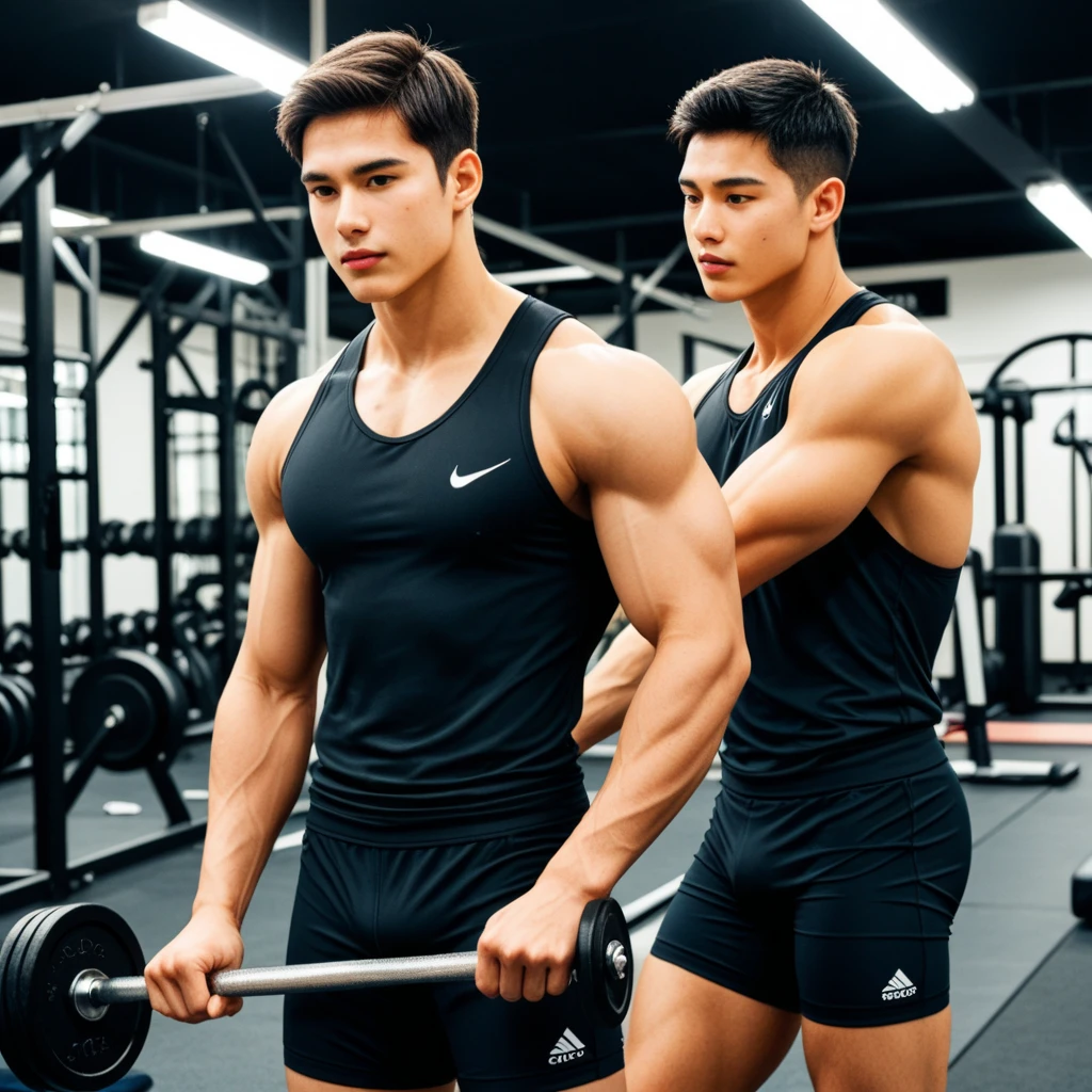 Muscular man with handsome boy in locker room