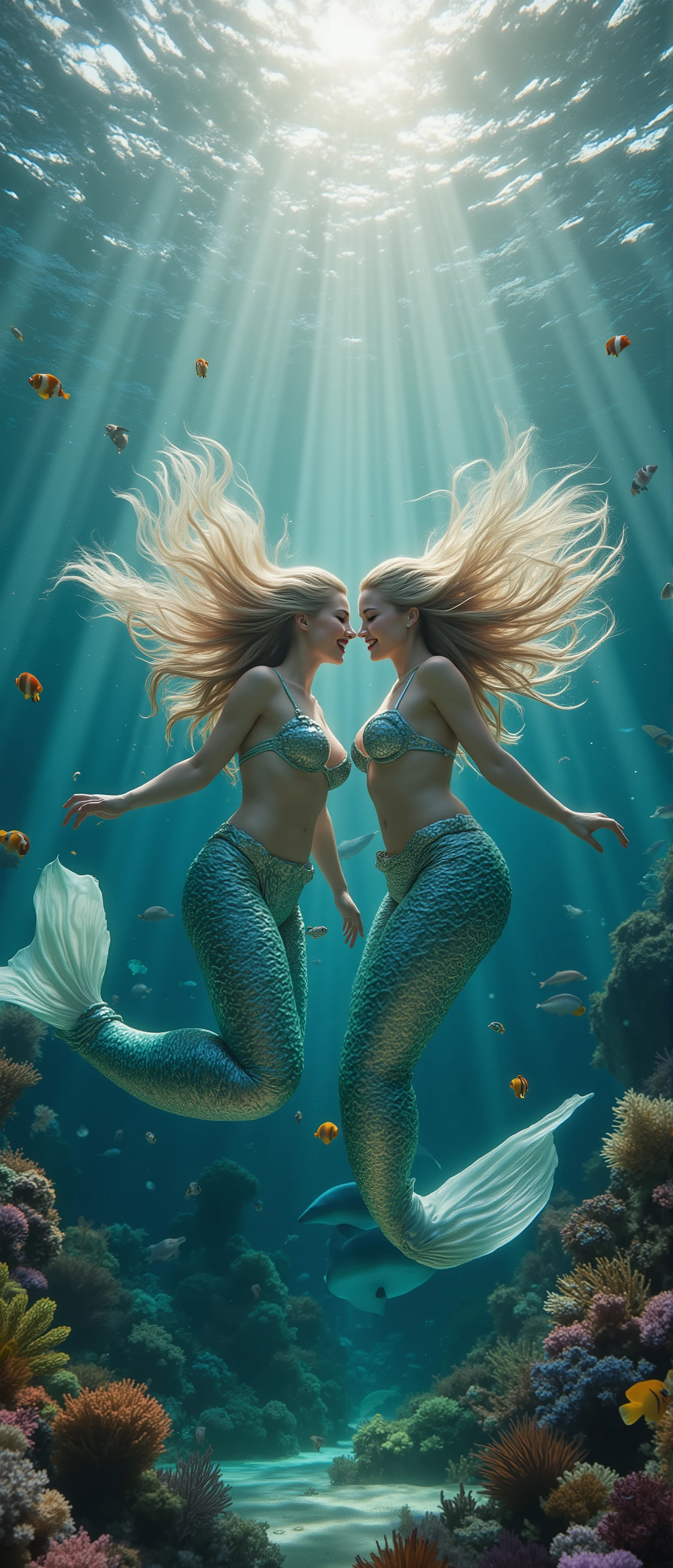 an ultra photo realistic full body image of (two beautiful happy smiling long white blond supermodel Mermaids:1.5) with green silvery giant tail fin, spinning, spiraling, hair flowing in all directions in the water, strapless bikini top, underwater, swimming alongside dolphins, multicolor coral reefs, clownfishes, orcas, starfishes, clear blue water, bright ray of light, side view, hdr, realism, volumetric lighting, dynamic lighting, cinematic lighting, Sharp focus, ultra-realistic textures, masterpiece, sharp focus, vibrant colors, cinematic energy, perfect hand, perfect fingers, perfect feet, perfect toes, five fingers, five toes, big firm breasts, cleavage, sideboob, underboob, big round ass, narrow waist, slim waist, hourglass figure, light makeup, red glossy lips, rosy cheeks, crystal blue eyes, big eyes, deep dimples, small sharp nose, 

