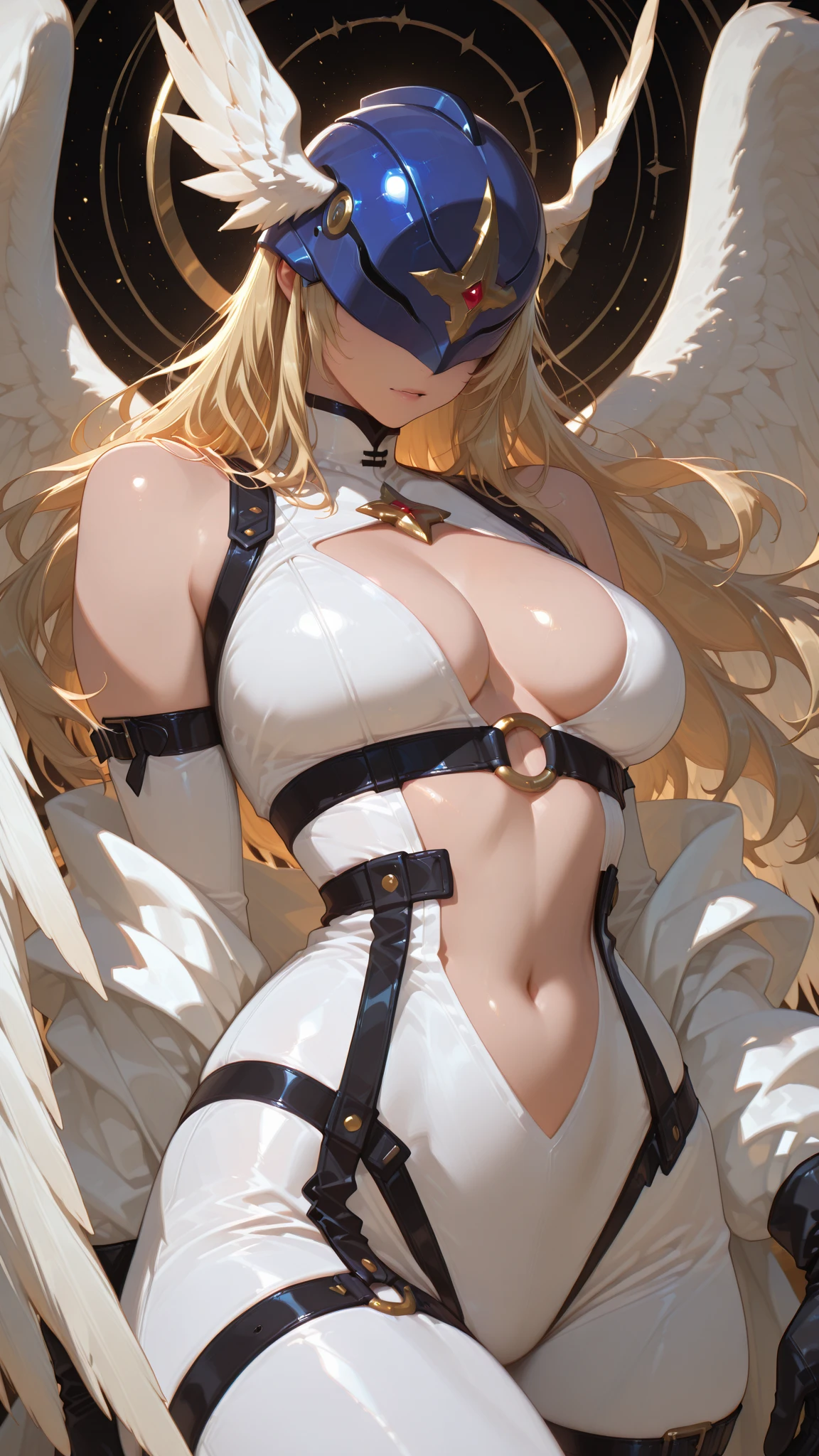 Angewomon，Angel Gate, Long hair, helmet, Blonde hair, , Blindfold, wing, angel wing, multiple wing, Gloves,  shoulders, head wing, large , winged helmet, Pantyhose, Strapless , bow tie, Smile, Cowboy shooting, Very detailed, HD, 4K, masterpiece, high resolution