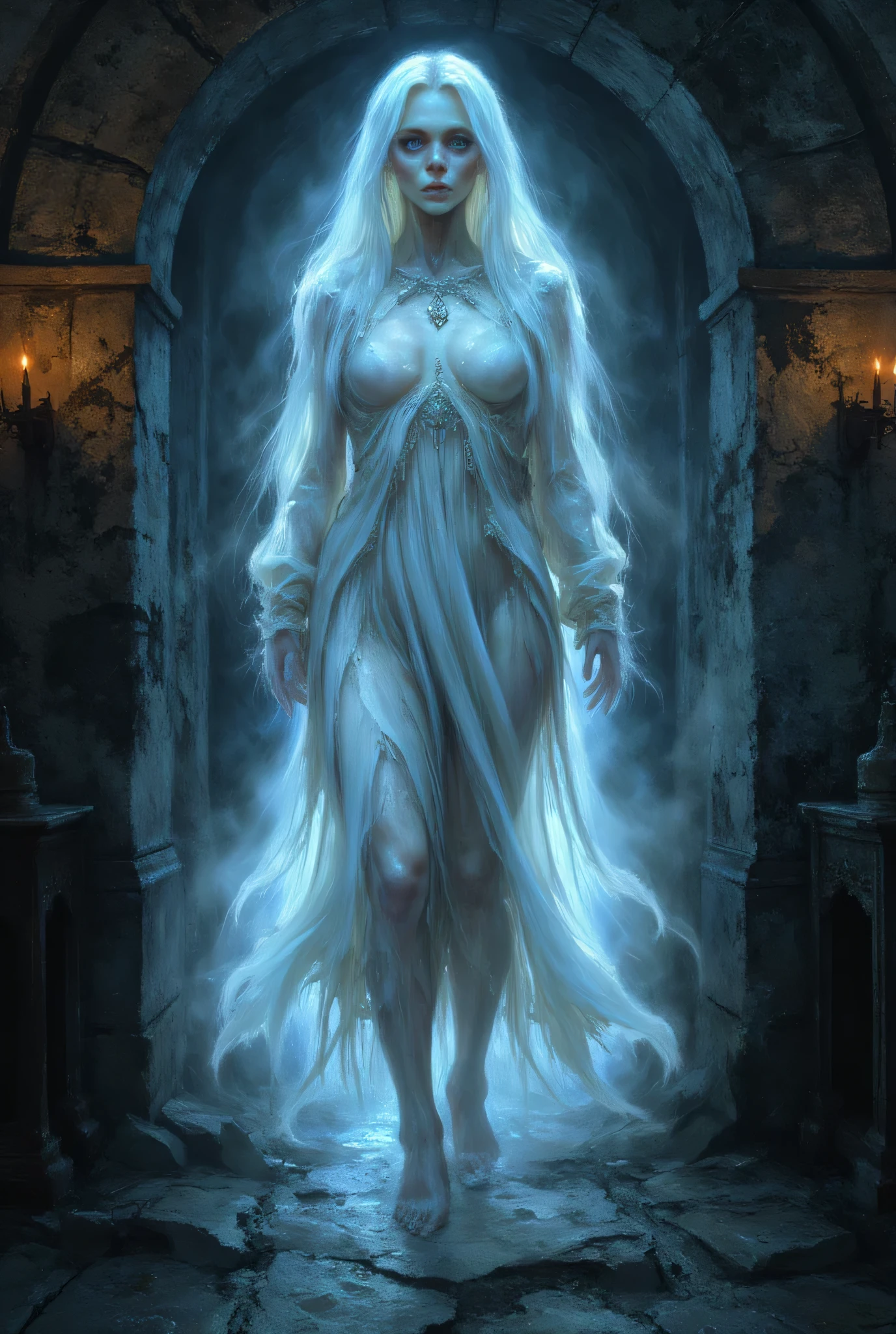 The ghost of a woman living in an old European castle at night、beautiful yet terrifying、