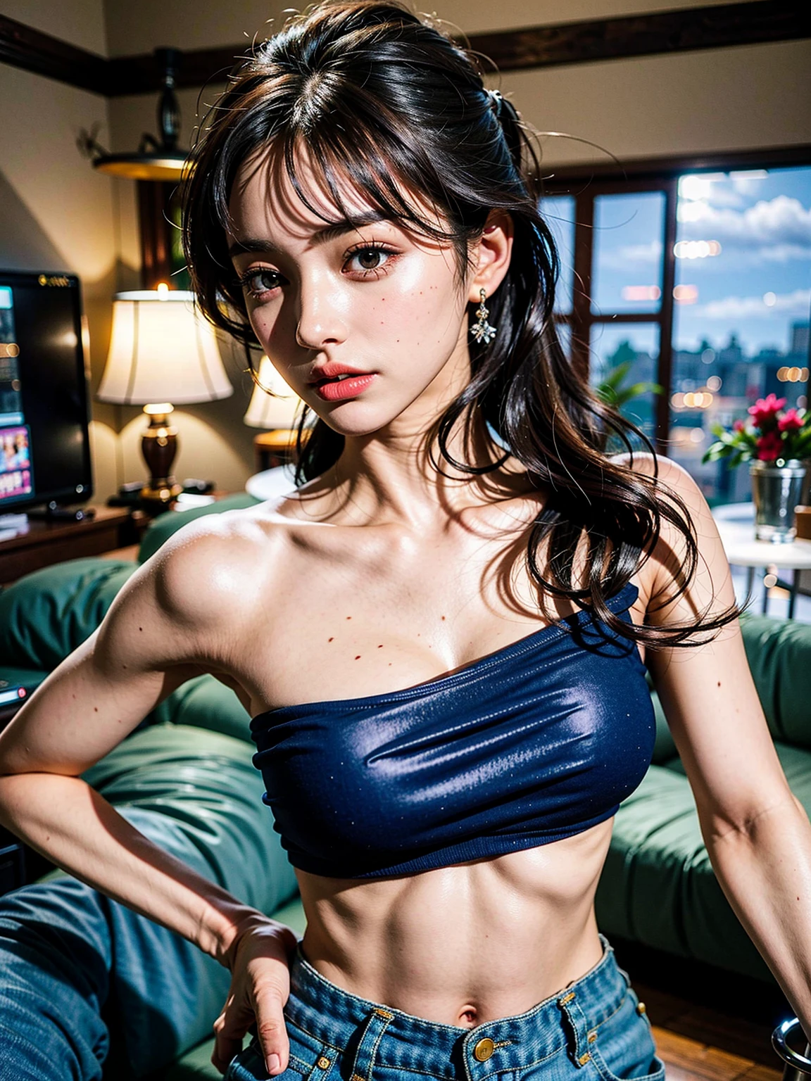 ((Top Quality, 8k, Masterpiece: 1.3)), ,solo,1 girls, ,  Beautiful girl with accentuated slender abs: 1.7, (Random hairstyle, flat : 1.2),  Ultra detailed face, detailed eyes, double eyelids,(body builder:1.6),(beautiful small hard :1.4),(:1.2),(shiny skin:1.2),(muscle arm:1.3),(muscle leg:1.3),(brown hair:1.5),necklace,(earrings:1.3),(curly long hair:1.3),( pose with her girlfriend:1.9), (on a bed:1.3),( model:1.3),(tanned:1.2),(muscular :1.5),(Super Shiny metalic pink silver:1.6),(:1.6),(Lolita:1.5),(10 years old:1.8),