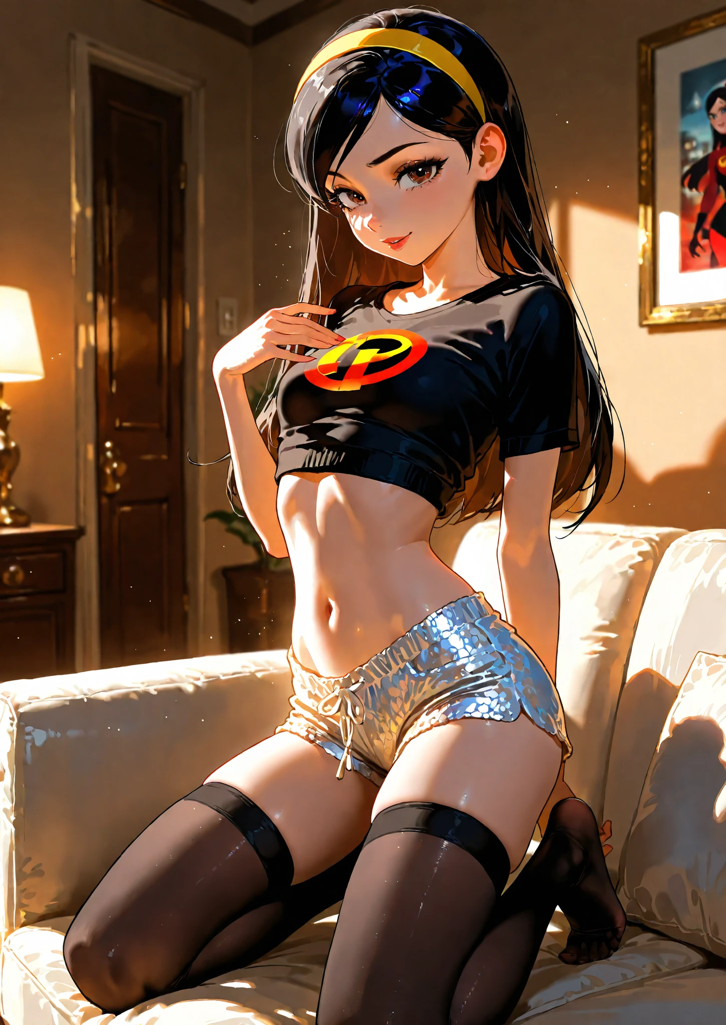 1girl, solo, Violet Parr, The Incredibles, kneeling on a couch, long black hair, crop top, silk shorts, headband, black thigh highs, naturally sagging small breasts, living room, home, seductive, sexy pose, alluring atmosphere, cinematic lighting and shadows, beautiful lighting and shadows, BREAK, masterpiece,top quality,warm color,high resolution,high fashion,absurdres extremely,vivid colors,intricate details,best quality,amazing quality,very aesthetic,newest,ultra-detailed, nsfw,