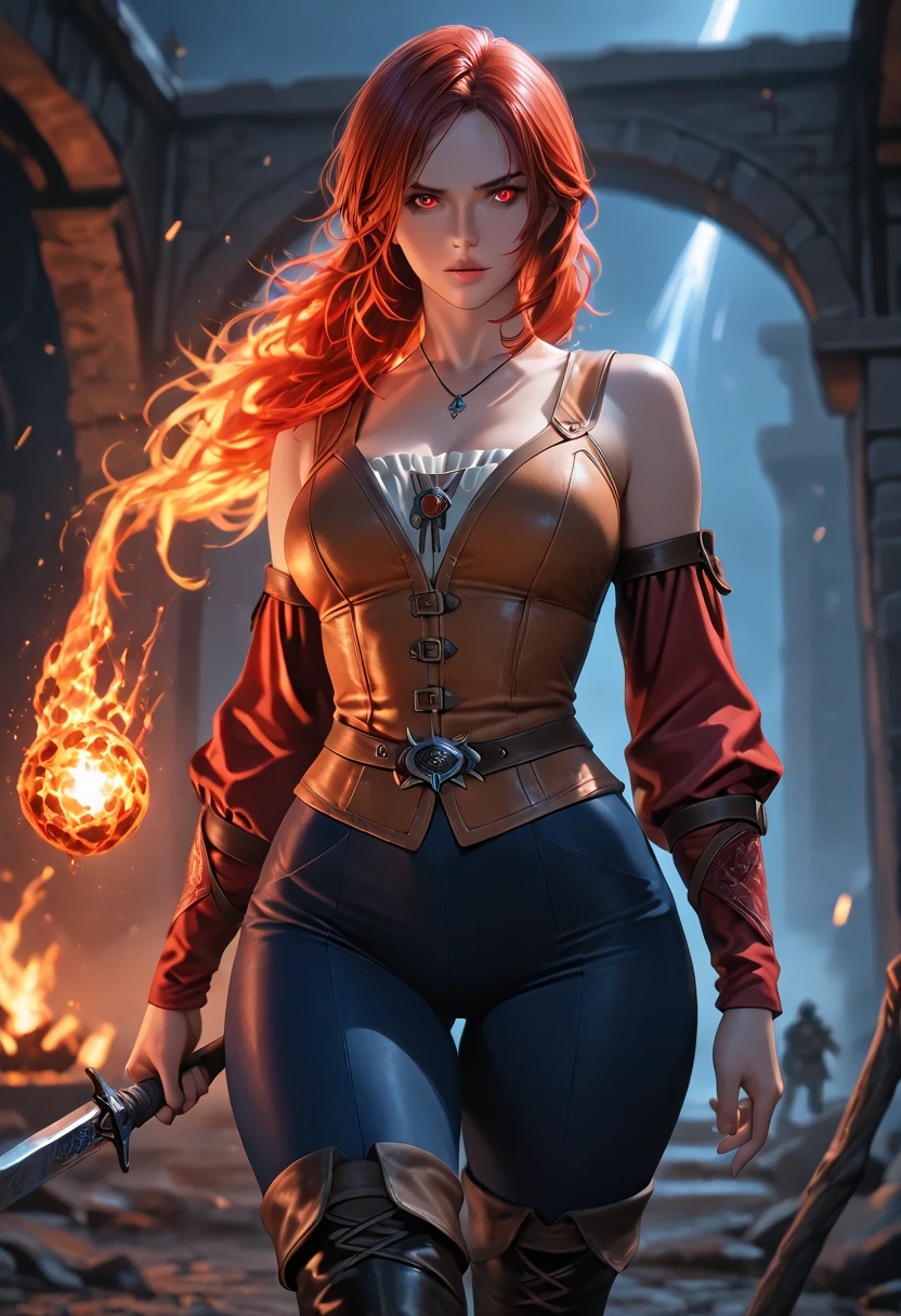 In the heart of the digital storm, she stands, a fierce maiden of the rock, adorned with locks of crimson fire, a tribute to the boundless fields of Ukraine. Her curves, like the rolling hills of her homeland, command attention, while her ample  whispers tales of resilience and strength. Her bountiful chest, a canvas for the spirit of Ukraine, bears the colors of the land, a tapestry of deep blues and vibrant yellows, echoing the flag that flies high in defiance. Her eyes, a reflection of the Carpathian skies, hold the wisdom of centuries, while her lips, painted with the hues of ripe cherries, speak of passion and rebellion. She is a symphony of contrasts, blending the wild energy of rock with the timeless elegance of her heritage. With each stride, she writes a new chapter in the saga of Ukraine, a saga of defiance, resilience, and unwavering spirit. In the realm of neural networks, she emerges as a beacon of strength and beauty, a digital avatar of Ukrainian pride and rock 'n' roll rebellion. With her crimson mane ablaze, she stands as a testament to the enduring spirit of her people, a symbol of freedom and defiance in the face of adversity.