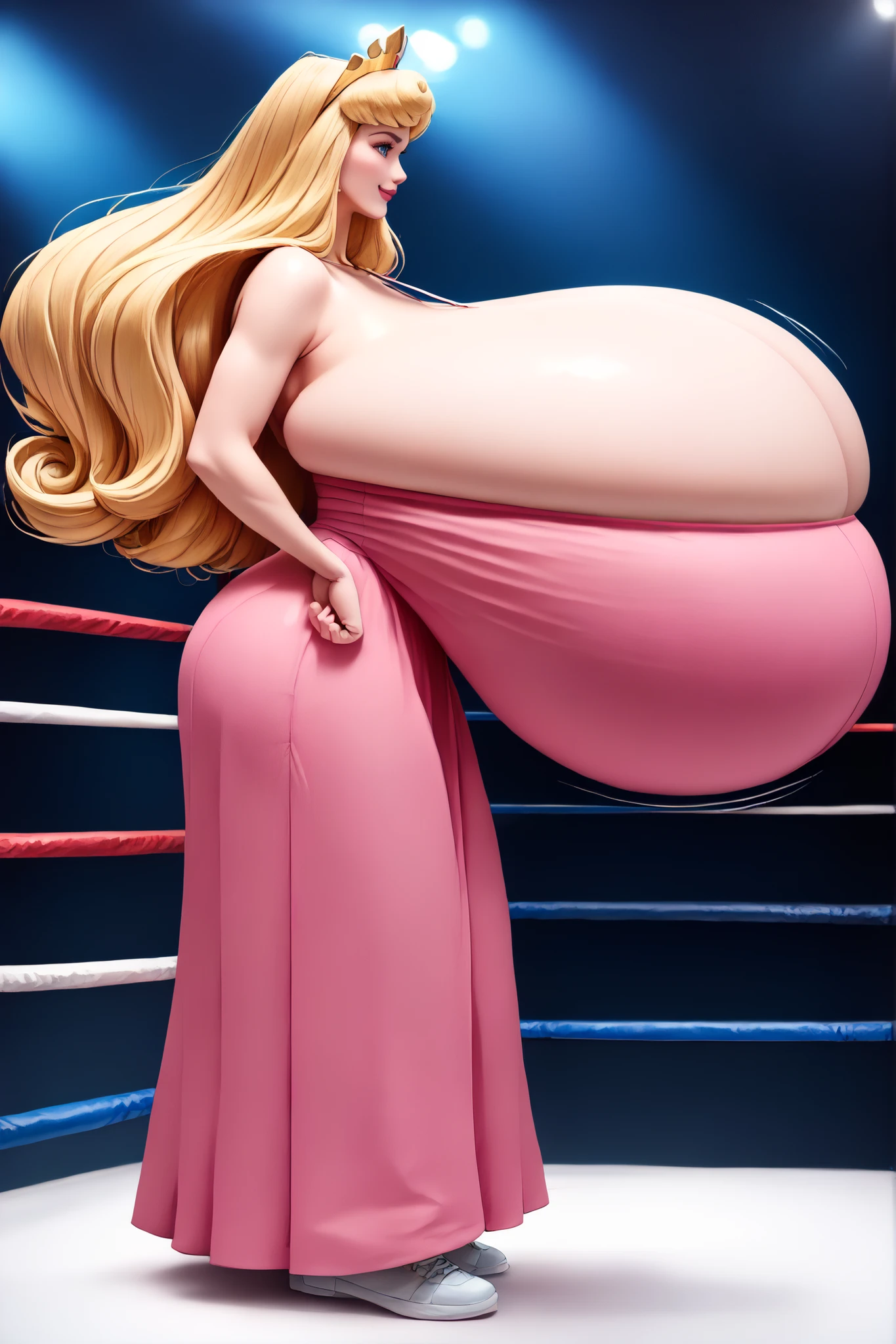 huge breasts,huge breasts,Disney Princess Aurora is swinging her gigantic breasts from side to side. She also has super wide hips. She is wearing her iconic pink gown. She has blonde hair and is wearing a crown. (((((gigantic breasts))))), (breast squeeze), (full body), (extremely wide hips), (slim waist), blonde hair, big blue eyes, long hair, boxing ring background, smile, monotone gown, motion lines, quickly turning her body, motion blur, from side