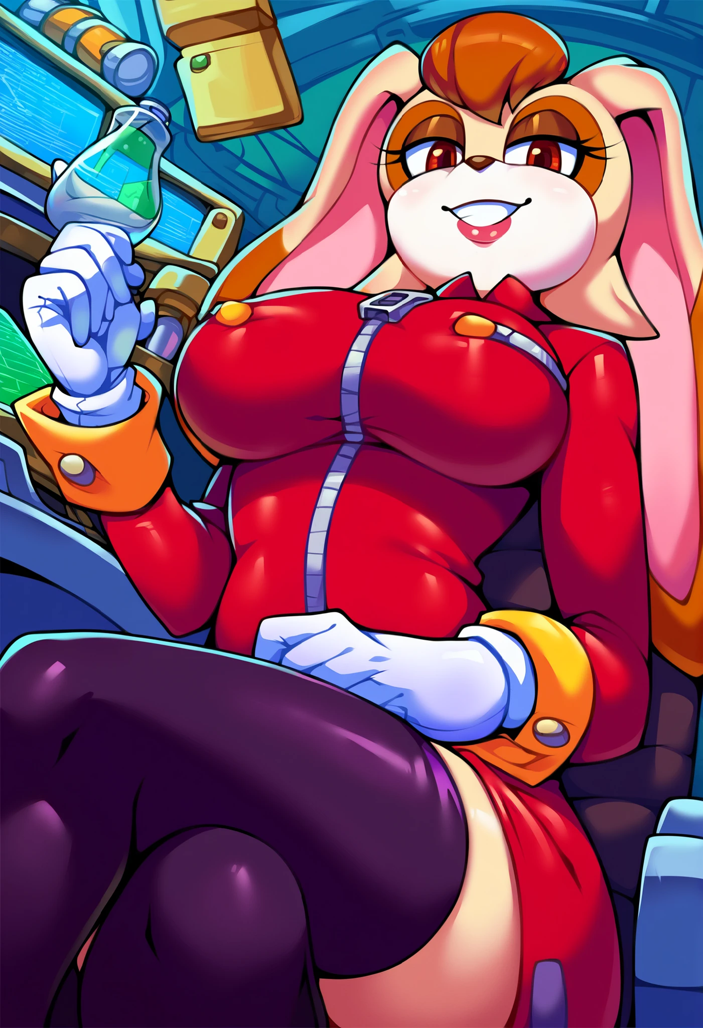 score_9, score_8_up, score_7_up, source_anime, (best quality), (masterpiece), (extremely detailed), (finely detailed), (detailed face, perfect face, perfect eyes, beautiful detailed shading), (perfect hands), (soft colors), BREAK, 1girl, (Vanilla the Rabbit), red eyes, brown hair, long ears, rabbit ears, goggles, goggles on head, red coat, long sleeves, zipper pull tab, white gloves, (large circle skirt), black skirt, zettai ryouiki, black thighhighs, thigh boots, (large ), (laboratory), close mouth, small smile, bad girl, sitting in chair, advanced computer, Vanilla dressed similarly to Eggma’am, evil version of Vanilla, milf, villainess, evil, red makeup