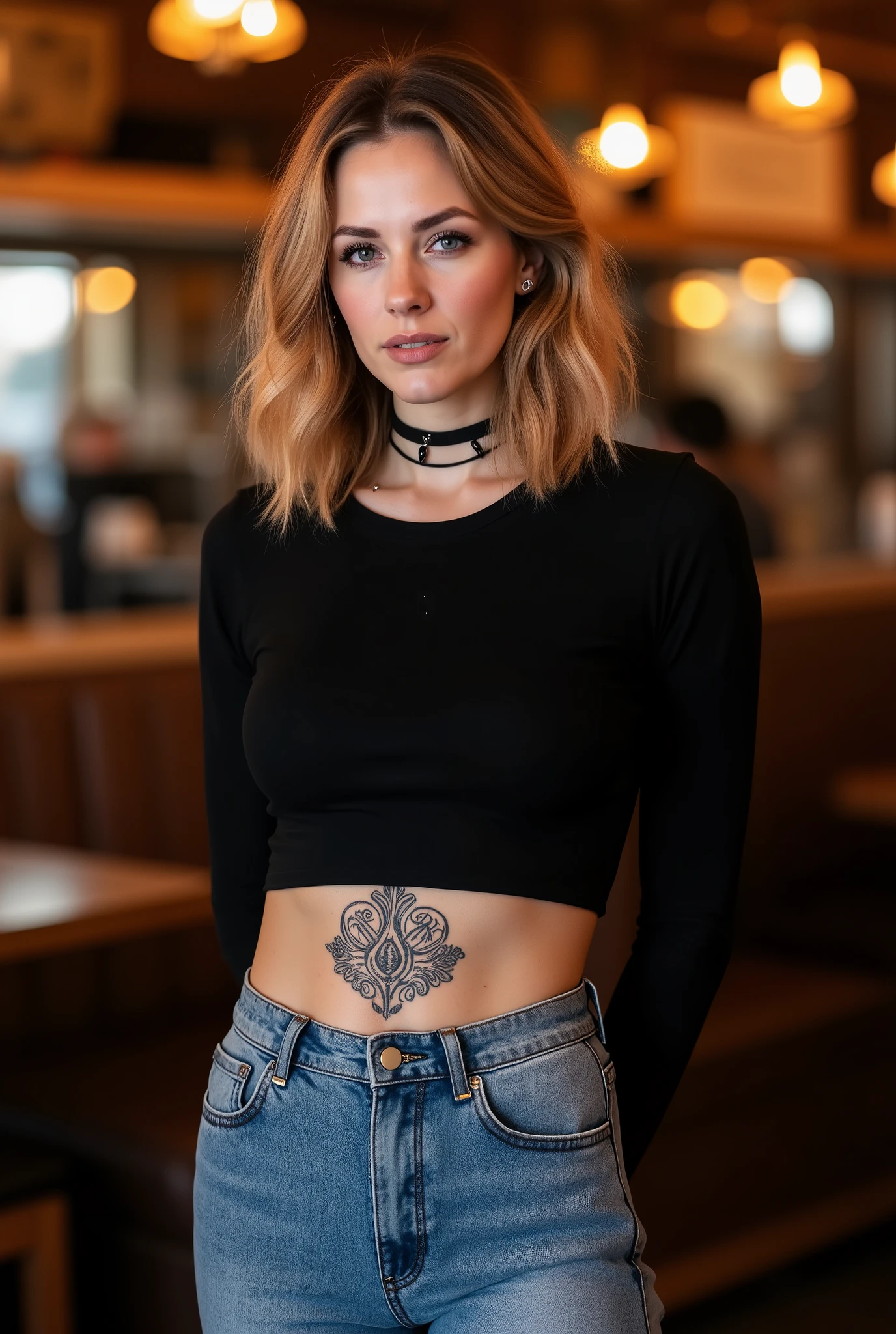 Full-body candid photorealistic portrait of a confident woman in her 40s standing casually in a warmly lit café or bar. She has shoulder-length strawberry-blonde wavy hair with soft natural volume and a middle part. Her face is round with gentle cheeks, visible smile lines, and a calm cool expression. Makeup: black winged eyeliner, smoky pink eyeshadow, muted lips. Fair skin with freckles and realistic texture.
Body: realistic adult proportions with a naturally full, soft build — rounded hips, comfortable curves, and a relaxed stance with weight on one leg. Clothing fits believably: a black long-sleeve cropped top with zipper and hem band, and high-waisted blue jeans made of slightly stretchy denim that follow her natural shape with realistic fabric tension and creases. Black belt with a heart-shaped buckle. A large symmetrical ornamental tattoo visible across her lower abdomen above the jeans.
Accessories: layered black chokers, slim silver necklace, small rings. Mature rock-style energy — confident, relaxed, grounded.
Lighting and scene: warm ambient bar or café light with orange and amber tones, soft shadows, bokeh background, cinematic but natural. Realistic textures, detailed skin and fabric, authentic anatomy and posture.
Camera: 85 mm portrait lens, head-to-mid-thigh framing, shallow depth of field, soft diffused lighting, photorealistic color and tone.