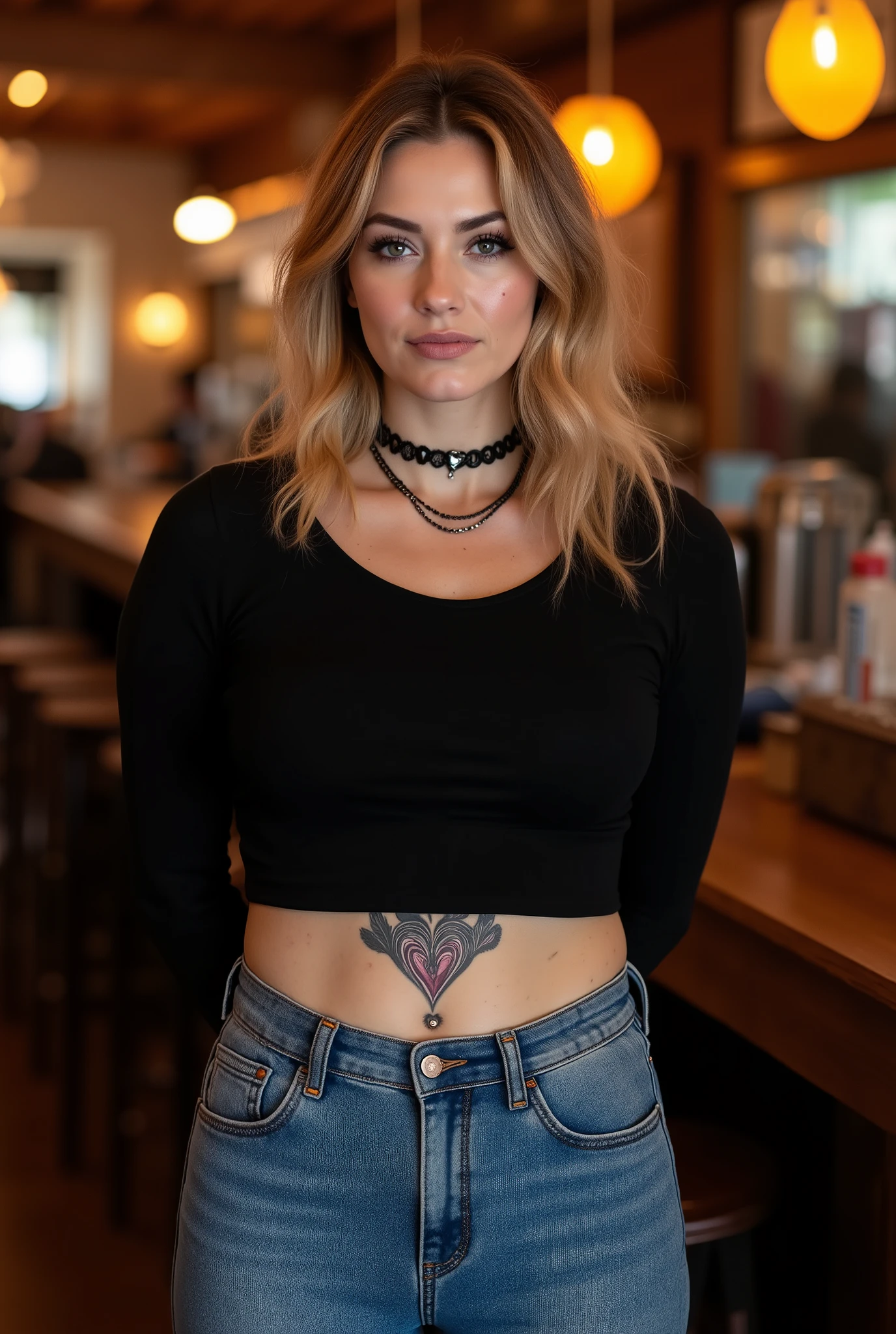 Full-body candid photorealistic portrait of a confident woman in her 40s standing casually in a warmly lit café or bar. She has shoulder-length strawberry-blonde wavy hair with soft natural volume and a middle part. Her face is round with gentle cheeks, visible smile lines, and a calm cool expression. Makeup: black winged eyeliner, smoky pink eyeshadow, muted lips. Fair skin with freckles and realistic texture.

Body: realistic adult proportions with a naturally full, soft build — rounded hips, comfortable curves, chubby, curvy, and a relaxed stance with weight on one leg. Clothing fits believably: a black long-sleeve cropped top with zipper and hem band, and high-waisted blue jeans made of slightly stretchy denim that follow her natural shape with realistic fabric tension and creases. Black belt with a heart-shaped buckle. A large symmetrical ornamental tattoo visible across her lower abdomen above the jeans.

Accessories: layered black chokers, slim silver necklace, small rings. Mature rock-style energy — confident, relaxed, grounded.

Lighting and scene: warm ambient bar or café light with orange and amber tones, soft shadows, bokeh background, cinematic but natural. Realistic textures, detailed skin and fabric, authentic anatomy and posture.
Camera: 85 mm portrait lens, head-to-mid-thigh framing, shallow depth of field, soft diffused lighting, photorealistic color and tone.
