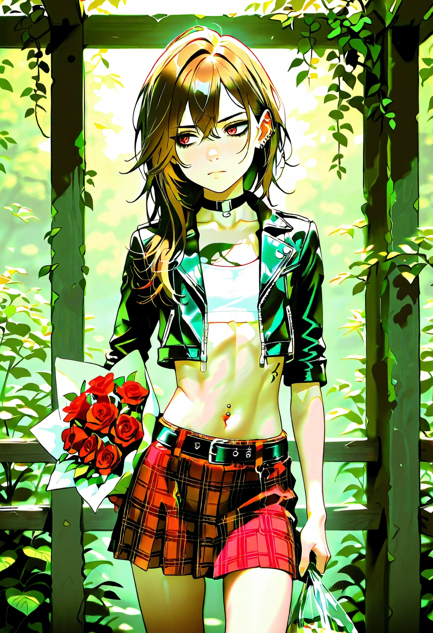 ((young model, portrait shot)), masterpiece, best quality, newest, absurdres, highres, 1girl, girl holds bouquet of flowers, trellis, kudzu, peeling paint, ((Caucasian girl)), Western features, white girl, ((slender body)), ((short girl), (4k, 8K), long hair, brown hair, jagged hair, (red eyes), dark brown eyeshadow, dark eyeliner, bored expression, hardcore outfit, choker, red plaid skirt, tiny leather jacket, multiple piercings, bellybutton piercing, detailed
