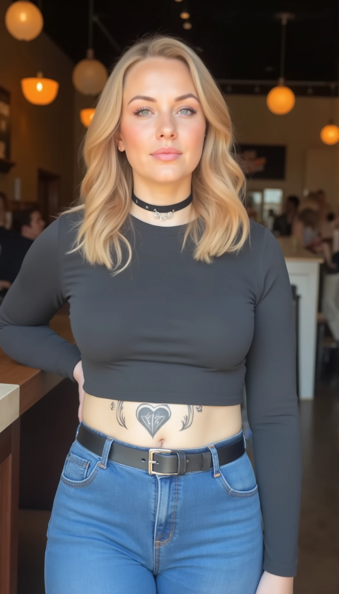 Full-body candid photorealistic portrait of a confident woman in her 40s standing casually in a warmly lit café or bar. She has shoulder-length strawberry-blonde wavy hair with soft natural volume and a middle part. Her face is round with gentle cheeks, visible smile lines, and a calm cool expression. Makeup: black winged eyeliner, smoky pink eyeshadow, muted lips. Fair skin with freckles and realistic texture.

Body: realistic adult proportions with a naturally full, soft build — rounded hips, comfortable curves, chubby, curvy, and a relaxed stance with weight on one leg. Clothing fits believably: a black long-sleeve cropped top with zipper and hem band, and high-waisted blue jeans made of slightly stretchy denim that follow her natural shape with realistic fabric tension and creases. Black belt with a heart-shaped buckle. A large symmetrical ornamental tattoo visible across her lower abdomen above the jeans.

Accessories: layered black chokers, slim silver necklace, small rings. Mature rock-style energy — confident, relaxed, grounded.

Lighting and scene: warm ambient bar or café light with orange and amber tones, soft shadows, bokeh background, cinematic but natural. Realistic textures, detailed skin and fabric, authentic anatomy and posture.
Camera: 85 mm portrait lens, head-to-mid-thigh framing, shallow depth of field, soft diffused lighting, photorealistic color and tone.
