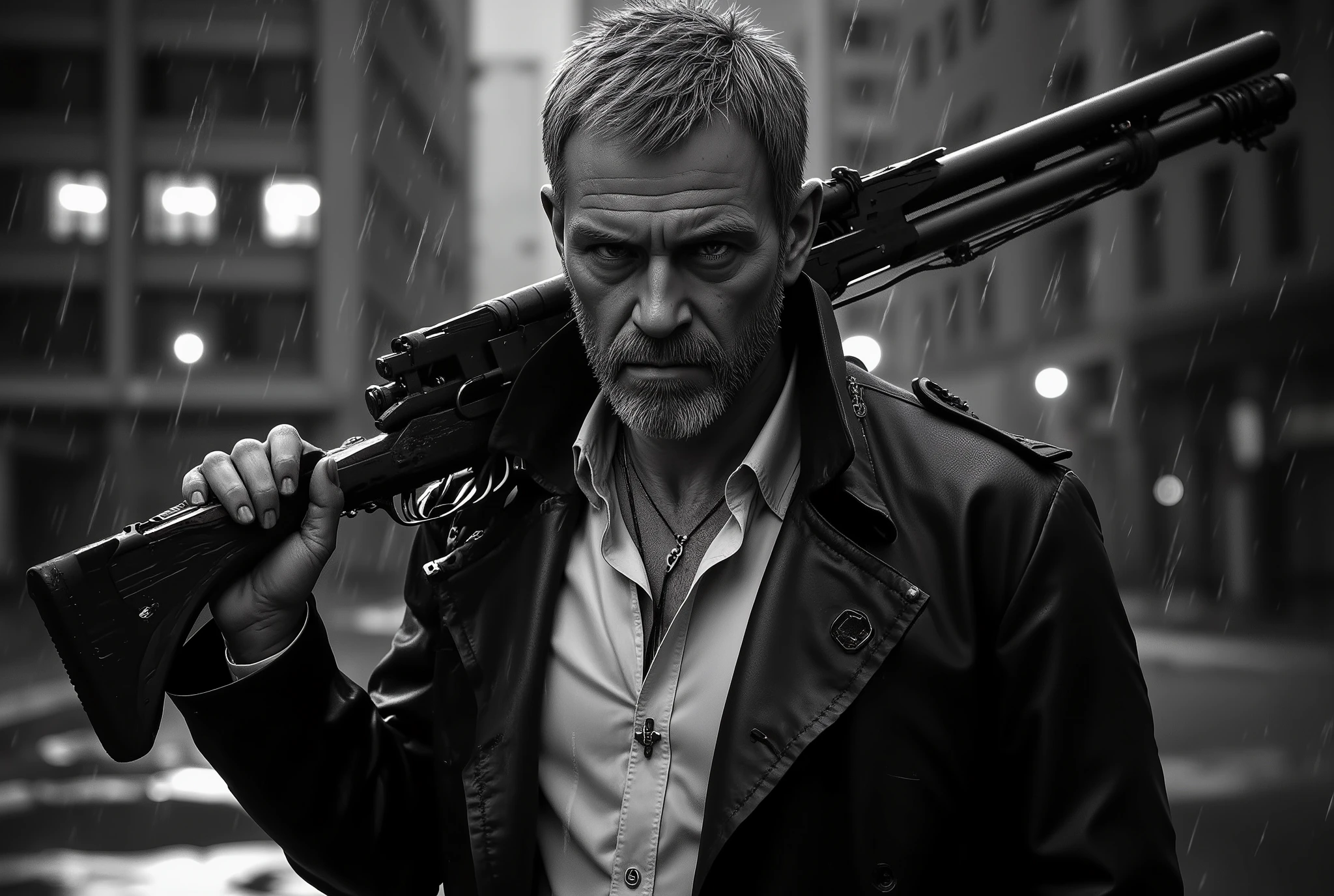 "Ultra-realistic 8K cinematic noir scene in 16:9, perfectly replicating the provided reference image. A rugged older man with short silver hair and stubble, wearing a dark leather trench coat over a white shirt and cross necklace, holds a shotgun resting on his shoulder. Maintain identical pose, facial expression, gaze, lighting, shadows, and composition. Black-and-white film-noir style under heavy rain, dramatic side lighting, city skyline background with illuminated windows — same layout and mood. Preserve textures (leather, skin, metal) and cinematic contrast. Do not alter the background, color, or expression. Photorealistic, sharp focus, realistic depth of field, high dynamic range, subtle film grain."