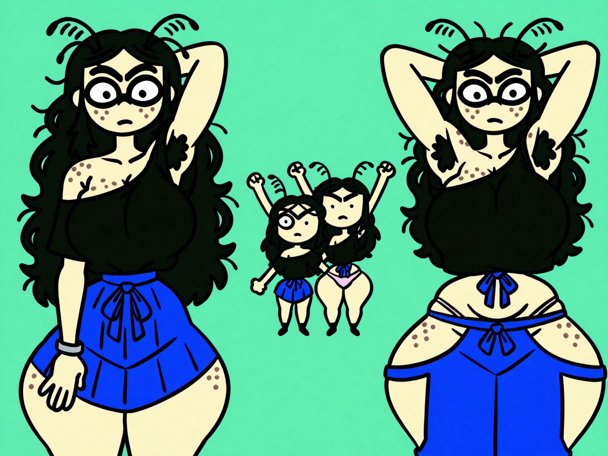 hips focus, (butt-length brown-headed), black hair, (wavy) long hair, tan skin texture , highly detailed real skin texture , (real skin texture: 1 . 0) , (Freckles , skin freckles , pores , skin blemishes: 0 . 4) freckles on breasts, 1girl(in overhang black top, bare shoulder, curved unibrows, unibrow, monobrow, bracelet, head on hair bugs, underarm, hyper armpit poses, super shaved armpit hair follicles, wide hips:1.2), hip dips, small femalebody, random face, cute and pink cotton panties, her huge breast sticking out:1.1, collarbone, (tan exotic skin_complexion:1 . 4) , cartoony, chibi, cute-art,