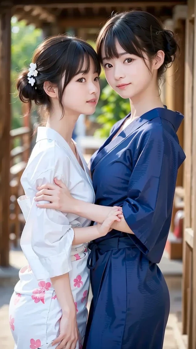 one guy, (one young lady,bangs, Braided Hair,, yukata, open cloth, opened eyes, a guy grabbing her ), (Grab your ), blush, , standing:1.4,  ;1.4, dorsal position,  Heterosexual, , table, , indoor, Lens flare, Drooping motion lines,,,small 