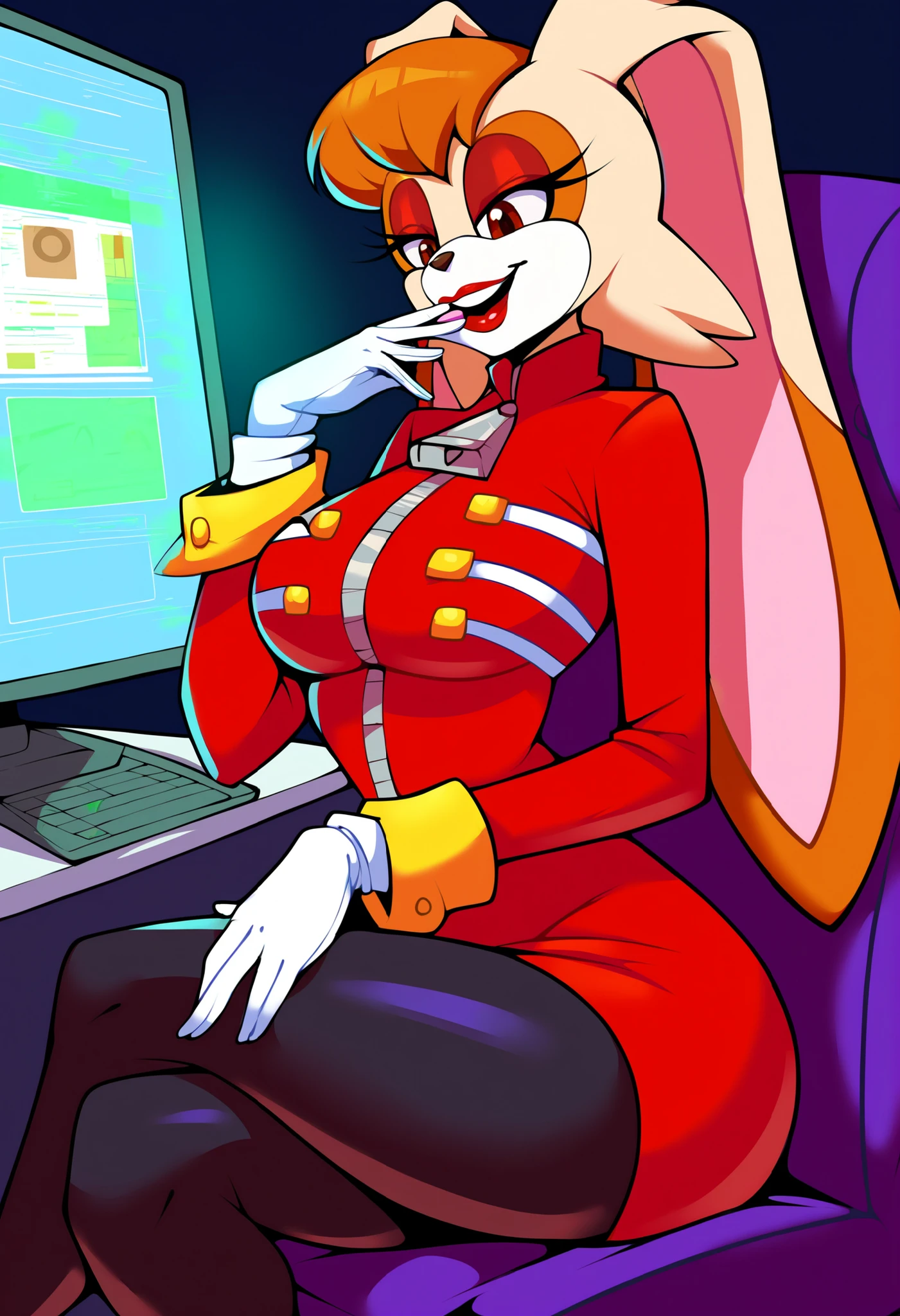 score_9, score_8_up, score_7_up, source_anime, (best quality), (masterpiece), (extremely detailed), (finely detailed), (detailed face, perfect face, perfect eyes, beautiful detailed shading), (perfect hands), (soft colors), BREAK, 1girl, (Vanilla the Rabbit), red eyes, brown hair, long ears, rabbit ears, goggles, goggles on head, red coat, long sleeves, zipper pull tab, white gloves, (large circle skirt), black skirt, zettai ryouiki, black thighhighs, thigh boots, (large ), (laboratory), bad girl, sitting in chair, advanced computer, holographic screens, Vanilla dressed similarly to Eggma’am, evil version of Vanilla, milf, villainess, evil, (makeup), red eyeshadow, red lipstick, (one hand by mouth), (laughing like a main antagonist), ((elegant laugh)), (evil feminine laugh)