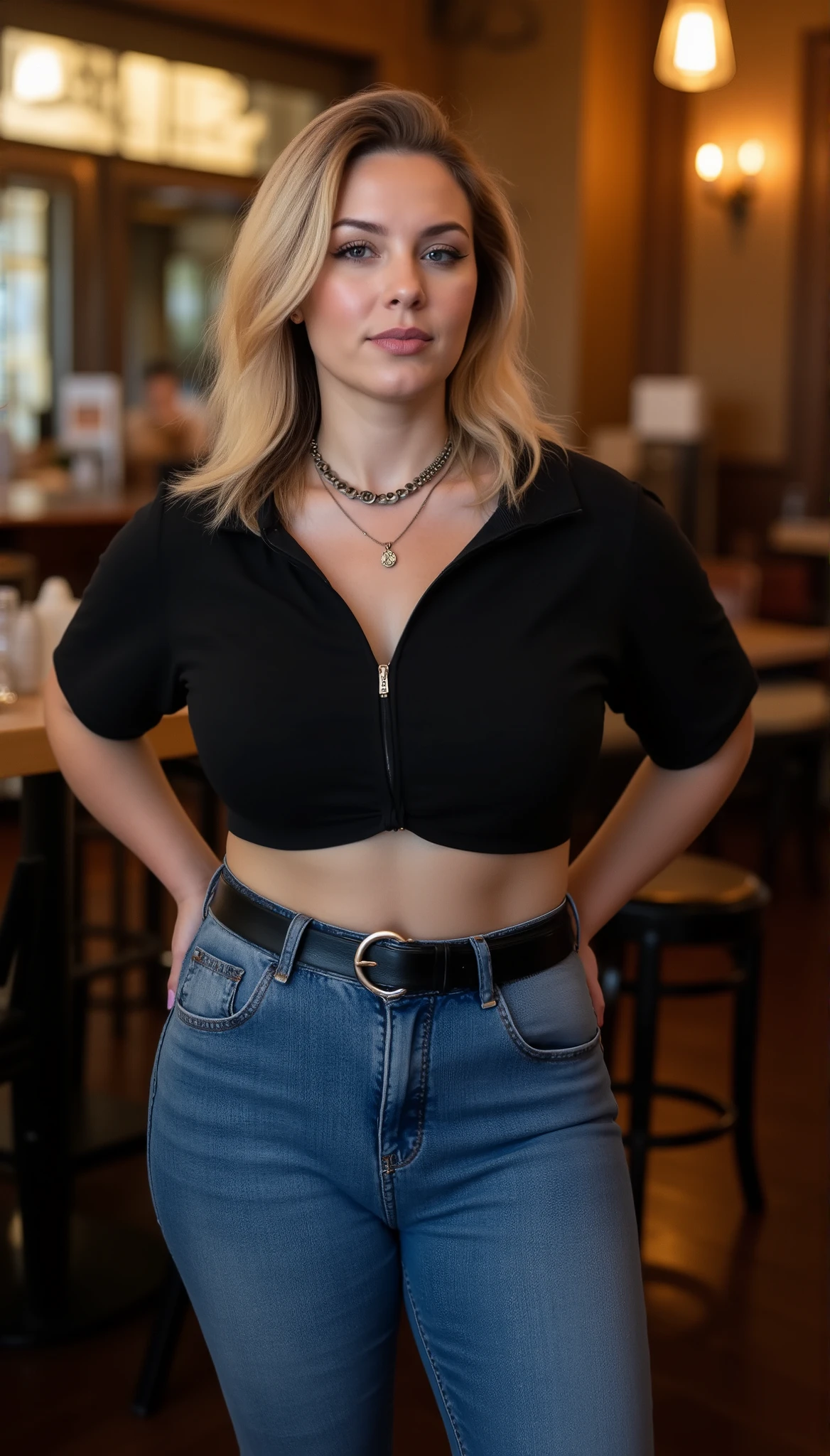 Candid photorealistic portrait of a confident woman in her 40s with shoulder-length strawberry-blonde wavy hair, calm cool expression, winged eyeliner, and subtle rock-chick style. Realistic soft curvy body with rounded hips and chubby build, standing casually in warm indoor café or bar lighting. Wearing a black cropped zip top, high-waisted stretchy blue jeans with a heart-buckle belt, and layered chokers. Natural skin texture, cinematic warm tones, authentic proportions, 85mm portrait, shallow depth of field.
