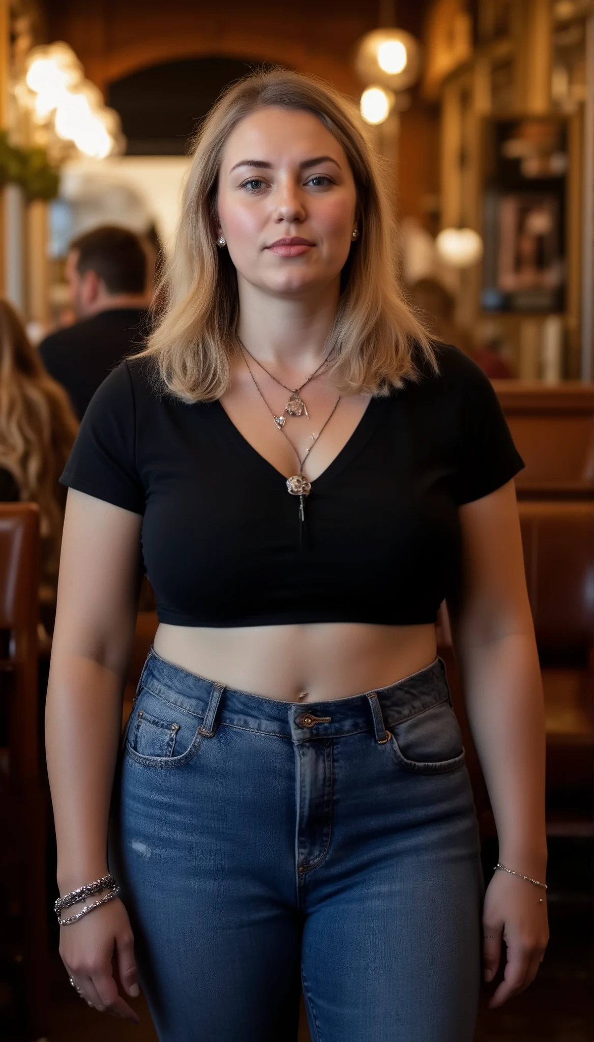 Candid photorealistic portrait of a confident woman in her 40s with shoulder-length strawberry-blonde wavy hair, calm cool expression, winged eyeliner, and subtle rock-chick style. Realistic soft curvy body with rounded hips and chubby build, standing casually in warm indoor café or bar lighting. Wearing a black cropped zip top, high-waisted stretchy blue jeans with a heart-buckle belt, and layered chokers. Natural skin texture, cinematic warm tones, authentic proportions, 85mm portrait, shallow depth of field.
