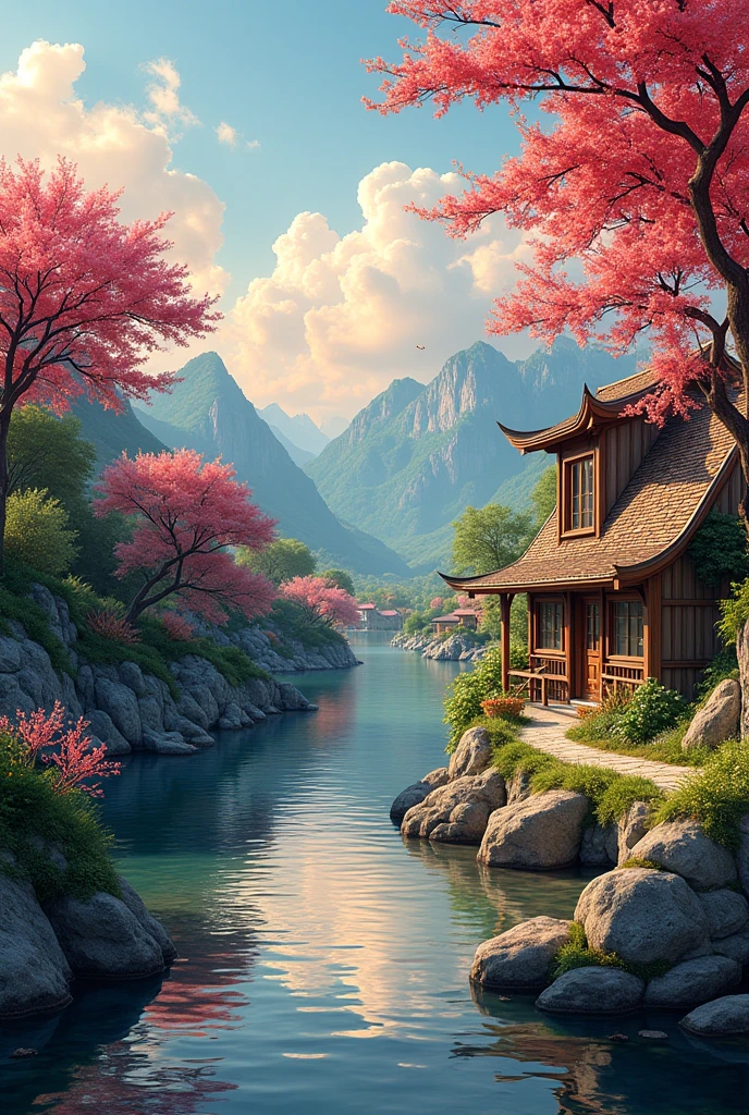 a small village by the river，Background is mountains，Flowers bloom，Brightly colored，Detailed Scenery，Beautiful Natural Scenery，Ambiance Lighting，Burning Sunsets，a warm color palette，utility，utility摄影，Detailed Leaves，Intricate architecture，cobblestone streets，charming country house，Swirling bright colors，dense vegetation，Intricate architecture，picturesque，Relaxed and Quiet，artwork of a，Best quality，8k，Extremely detailed，Anime Style