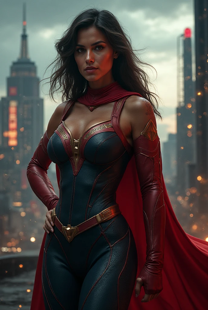 (((A beautiful long black haired woman on her knees screaming exhausted after an extensive battle ((((((Red V-shaped diaema with a yellow v in the center of the diaema ))))))Under the cloak of Big Barda light eyes her superheroine costume is samurai themed. Her usual costume is a blue leather jumpsuit with scales all over the suit and a gold armor corset over her jumpsuit, thick red belt, burnt yellow boots and gloves on a large, high-cylinder futuristic motorcycle in an apocalyptic city with a lot of destruction.))),(((without cape))),(((side preview))),(((without cape)))