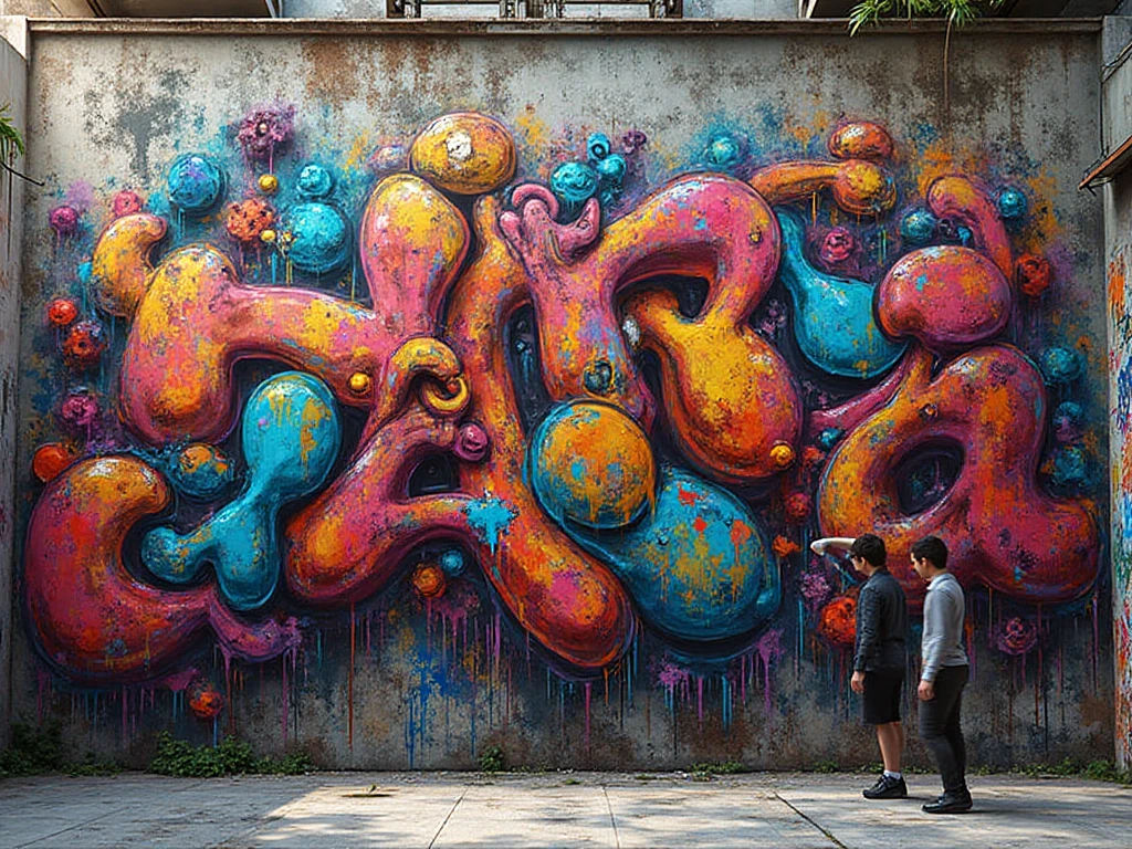 Back alley, graffiti artist spray painting wall, paint splatters, a girl, blowing bubble gum, street graffiti, high detail, 4K,masterpiece