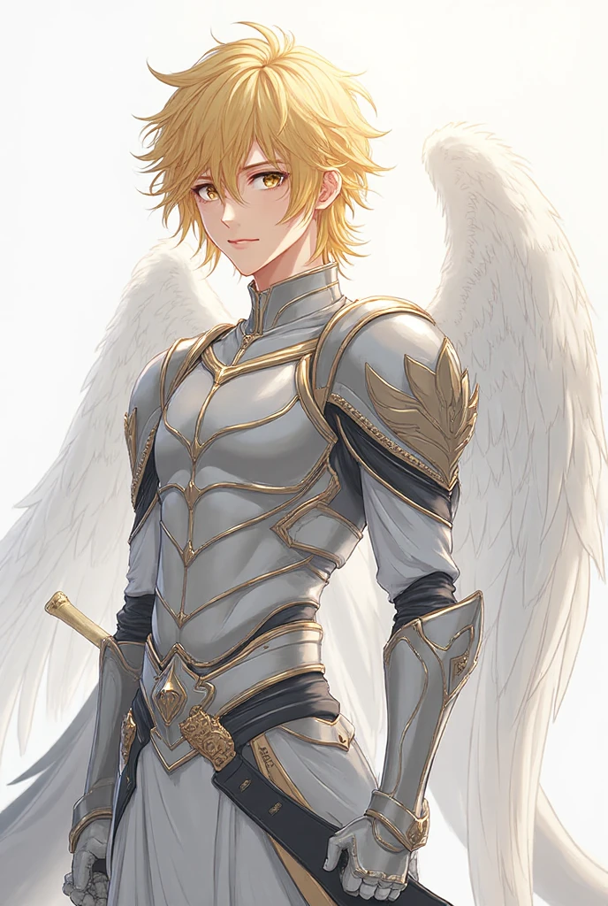 male male character, medium to short hair, blonde hair, serene face, yellow eyes, silver armor with blue accents, long wings, sky blue wings, --auto --s2