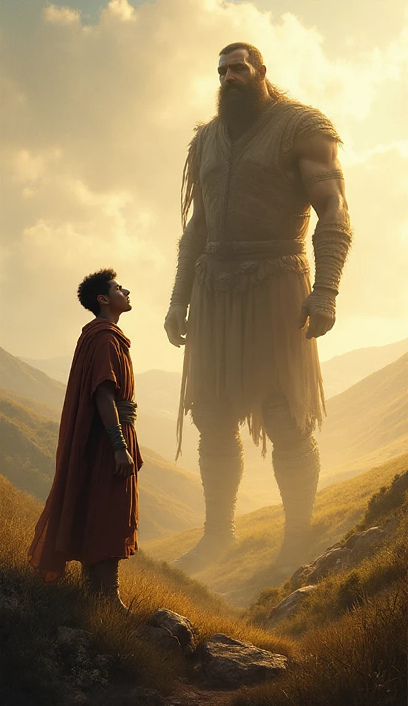 Image representing Nebuchadnezzar's dream with the head of another, silver , bronze hip, legs of iron and feet of iron and clay according to the text of Daniel in the Bible. The statue is in a valley and the king is lying down dreaming about it

