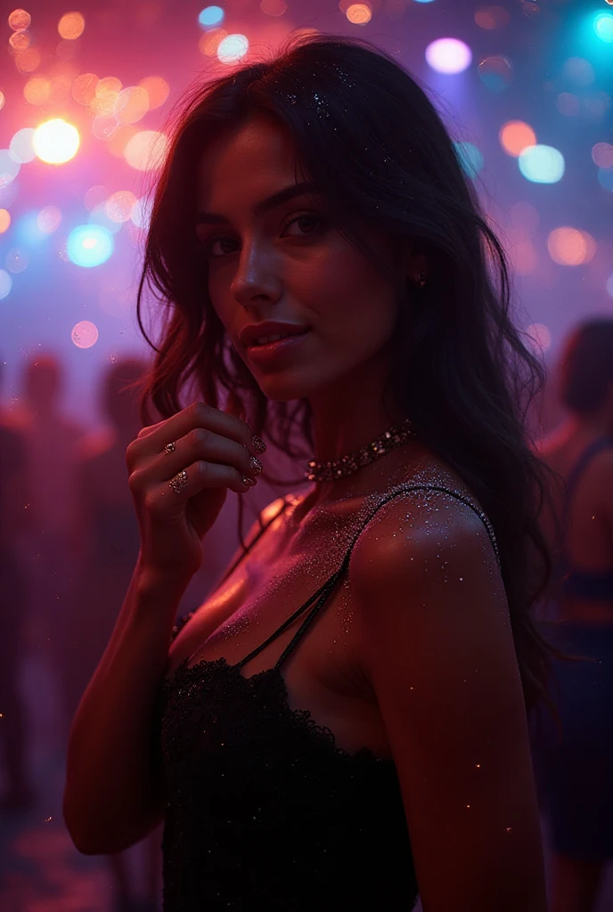 A photorealistic portrait of a 21-year-old Colombian girl with long, flowing dark hair and striking dark eyes. She should have a joyful, energetic expression and be illuminated by the colorful, dynamic lights of a lively nightclub. The background should depict a vibrant dance floor with people dancing and enjoying the music. She is in the center, dancing with friends, wearing a chic, form-fitting black dress that complements her figure, and her hair styled in loose waves cascading over her shoulders. Capture this moment with a high-resolution photograph using an 85mm lens to emphasize her movement, excitement, and the vibrant nightclub atmosphere.