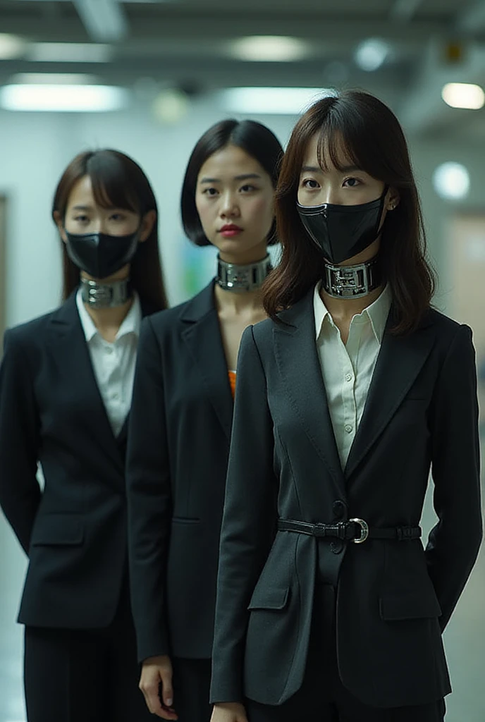 Two guys in black leather suits  a girl