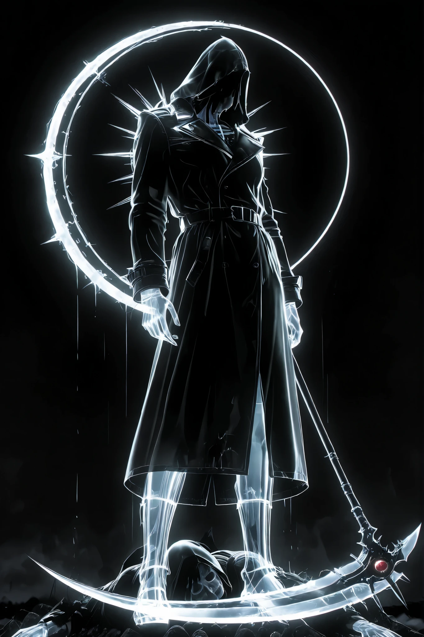 Dark_ethereal_art, transparent body, translucent,((death)),black hoodie, dark fabric ,scythe,standing,portal to the dark world,black trench coat Rita